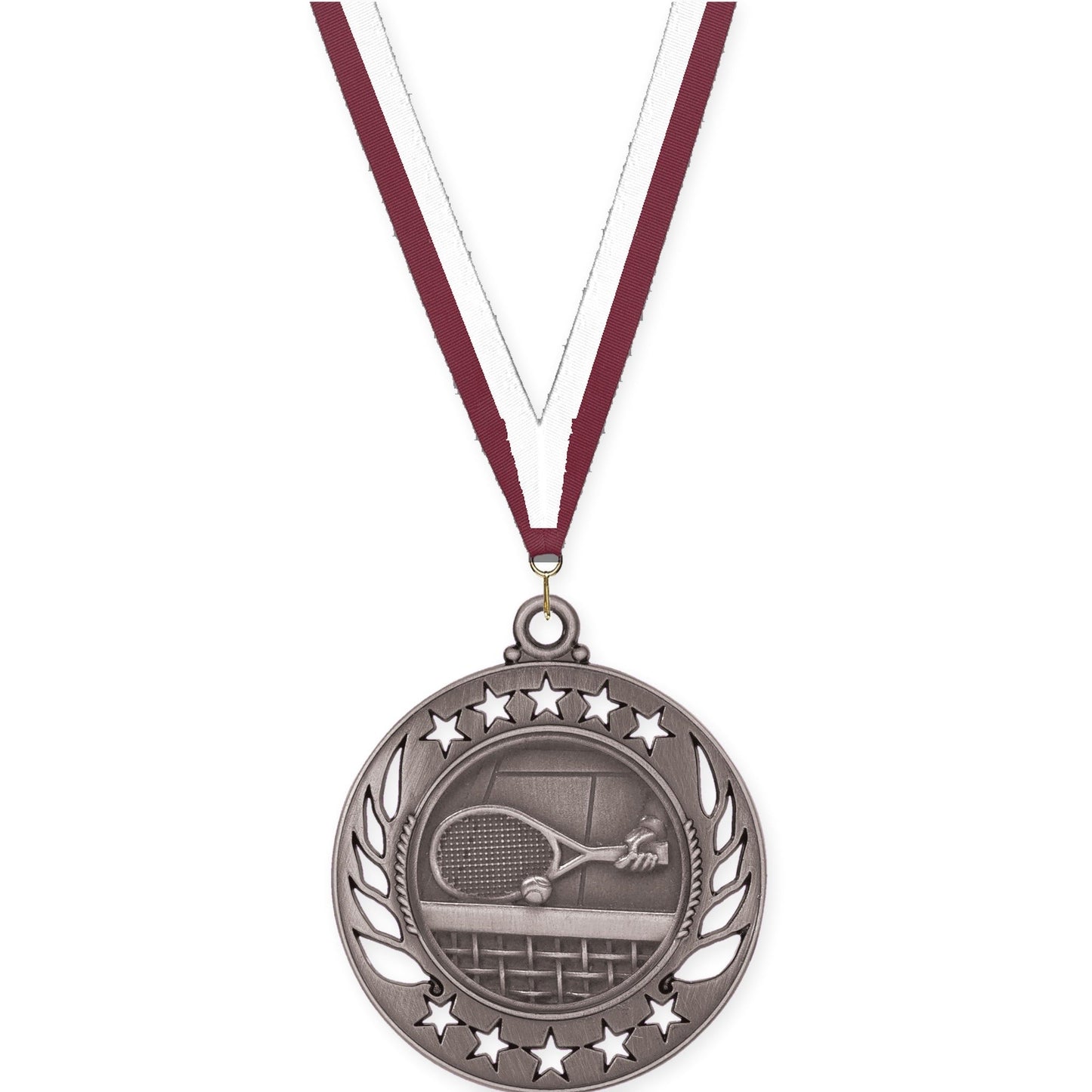 2 1/4 inch tennis Galaxy medal in antique silver with Maroon White neck ribbon