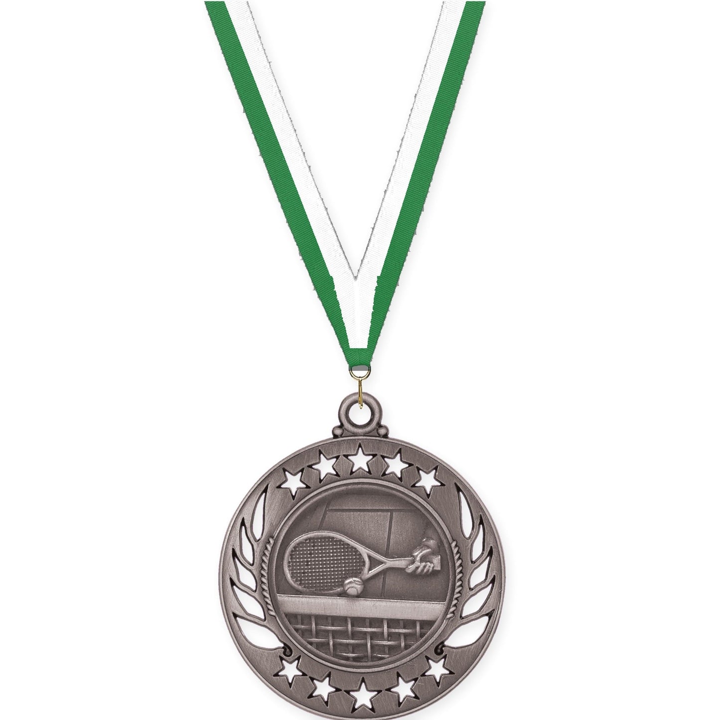 2 1/4 inch tennis Galaxy medal in antique silver with Green White neck ribbon