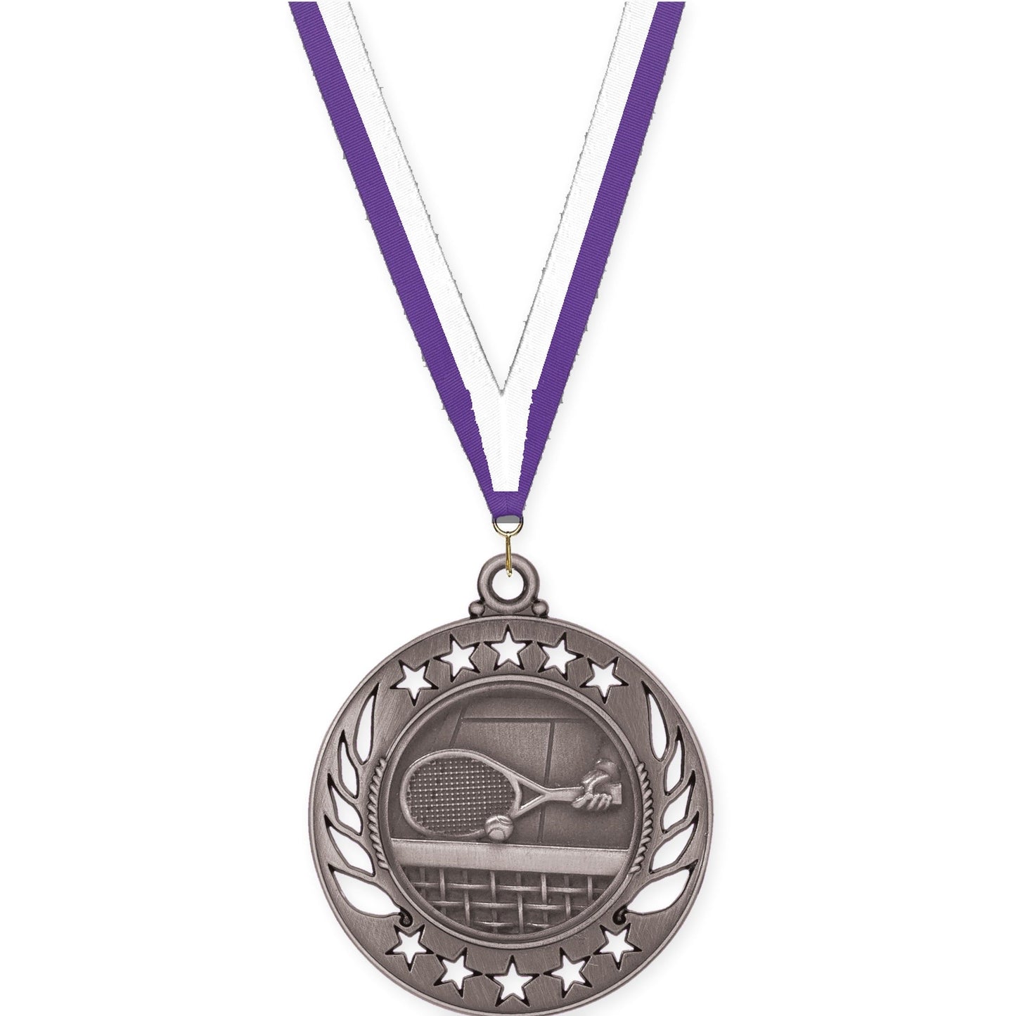 2 1/4 inch tennis Galaxy medal in antique silver with Purple White neck ribbon