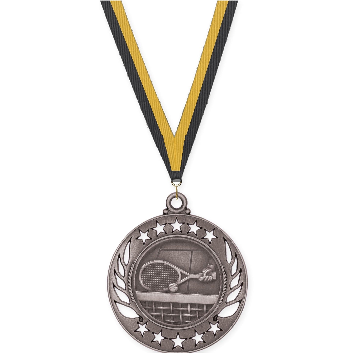 2 1/4 inch tennis Galaxy medal in antique silver with Black Gold neck ribbon