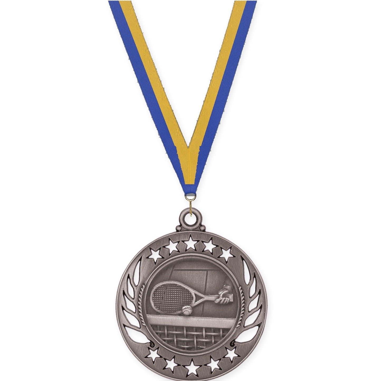 2 1/4 inch tennis Galaxy medal in antique silver with Blue Gold neck ribbon