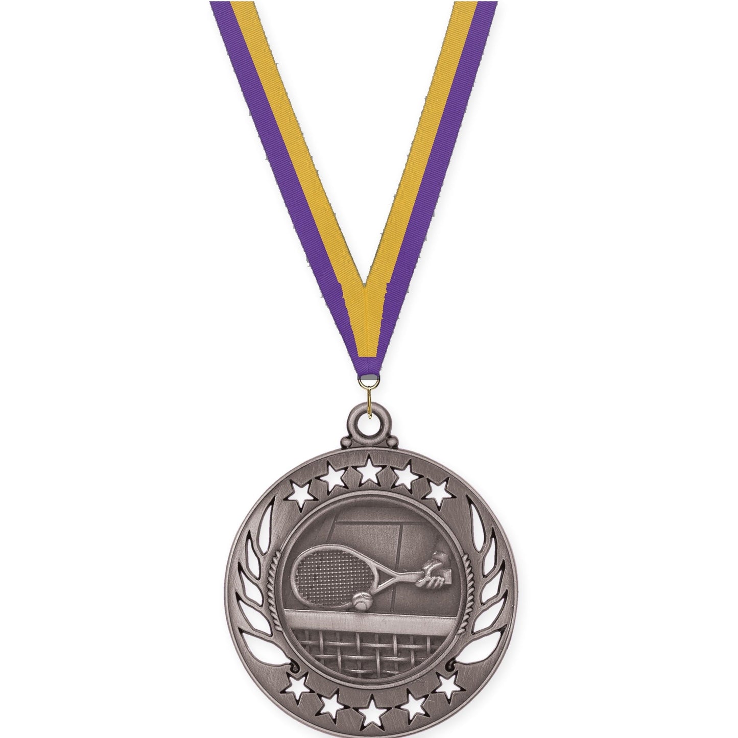 2 1/4 inch tennis Galaxy medal in antique silver with Purple Gold neck ribbon