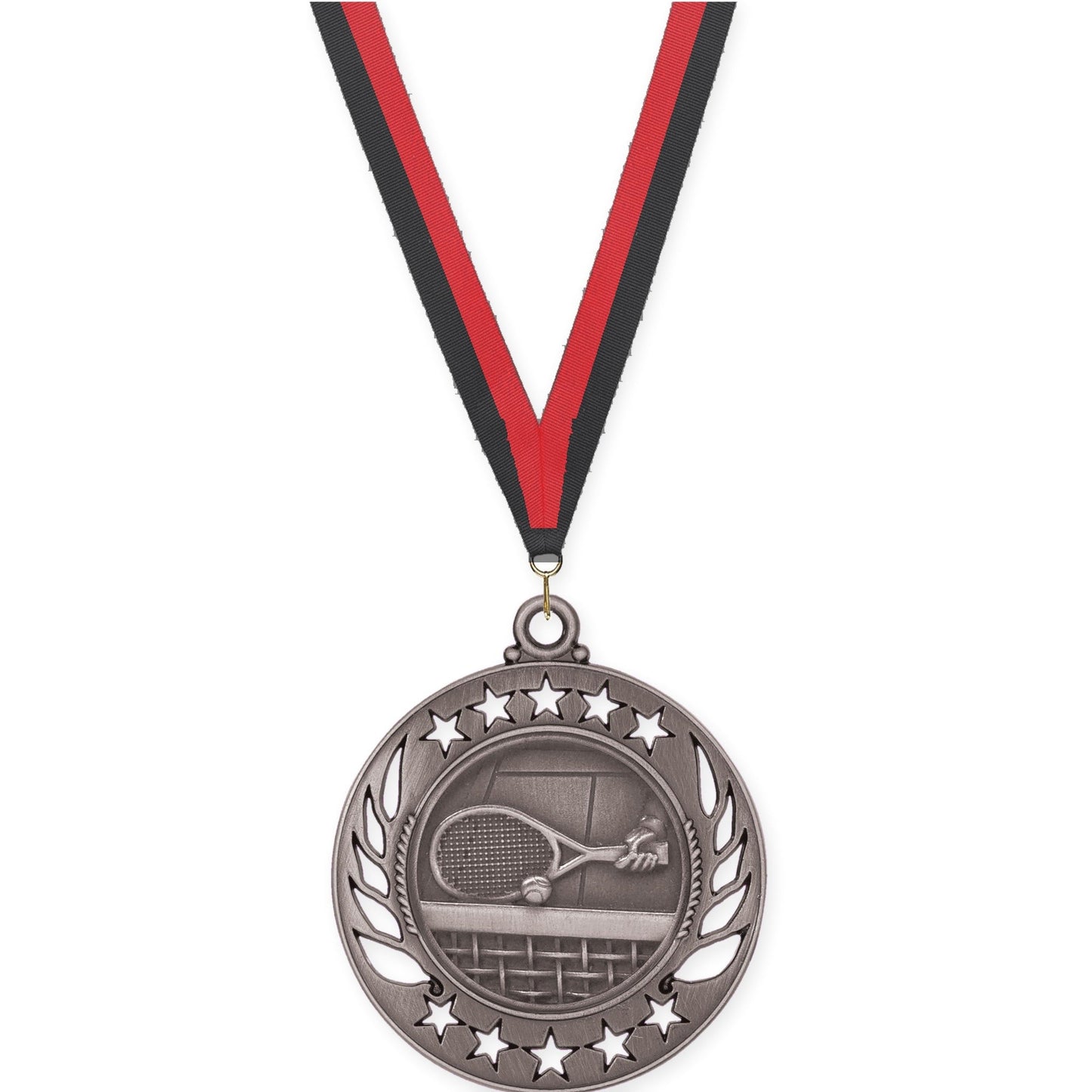 2 1/4 inch tennis Galaxy medal in antique silver with Black Red neck ribbon