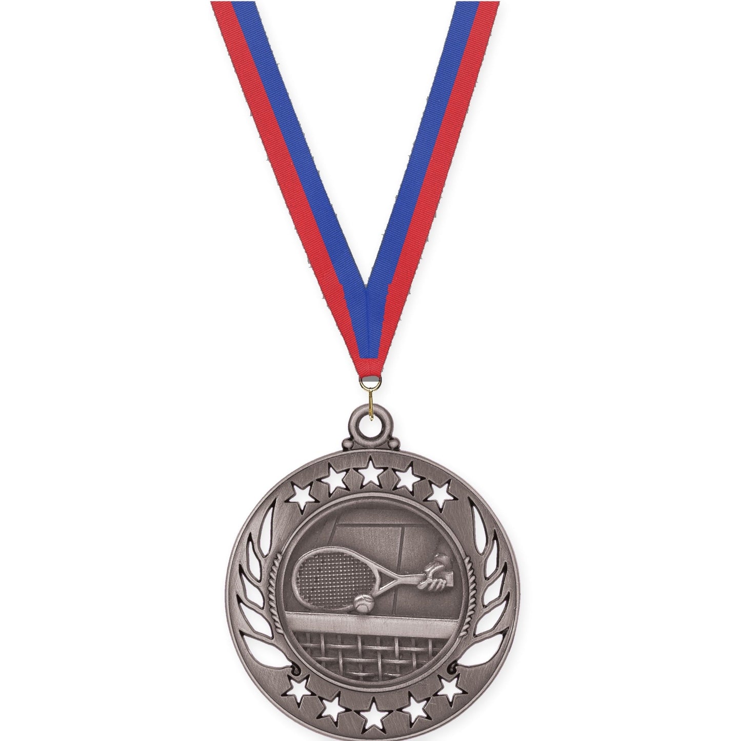 2 1/4 inch tennis Galaxy medal in antique silver with Blue Red neck ribbon