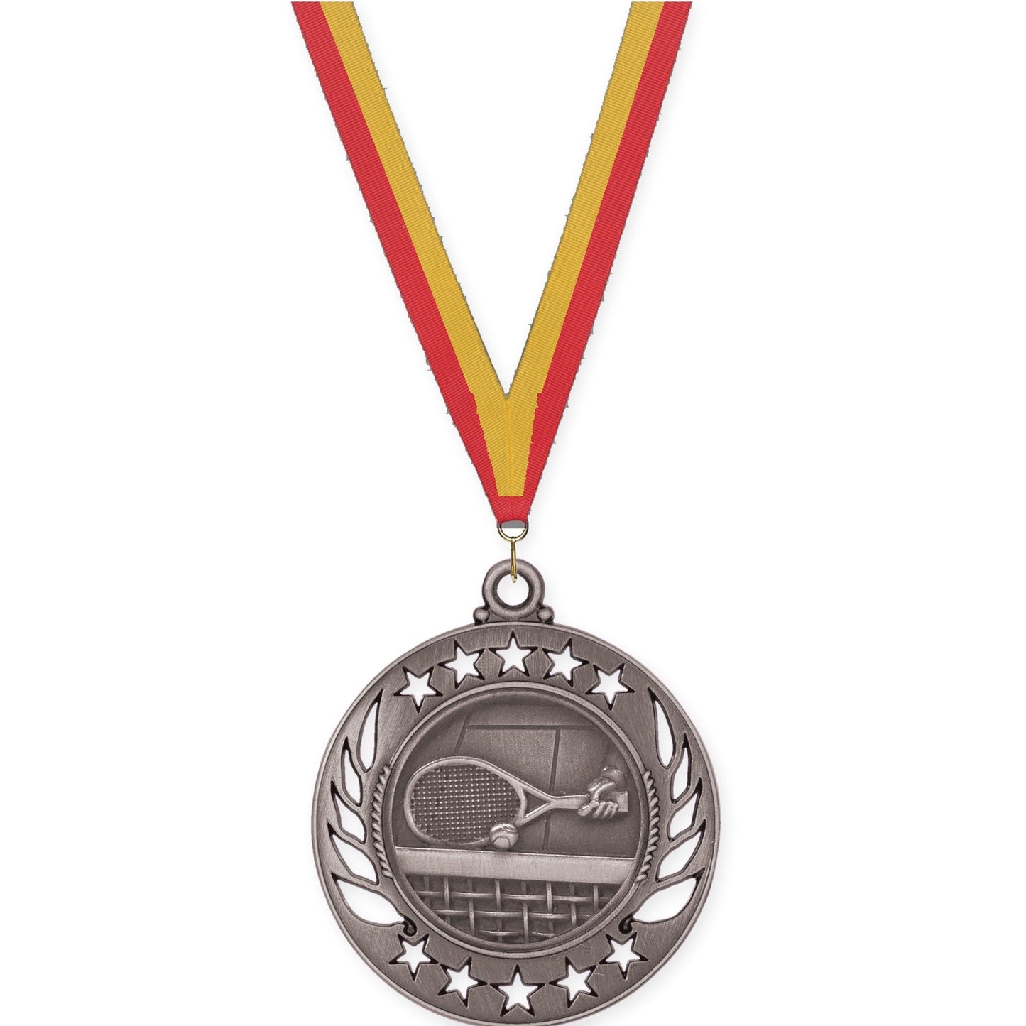 2 1/4 inch tennis Galaxy medal in antique silver with Red Gold neck ribbon