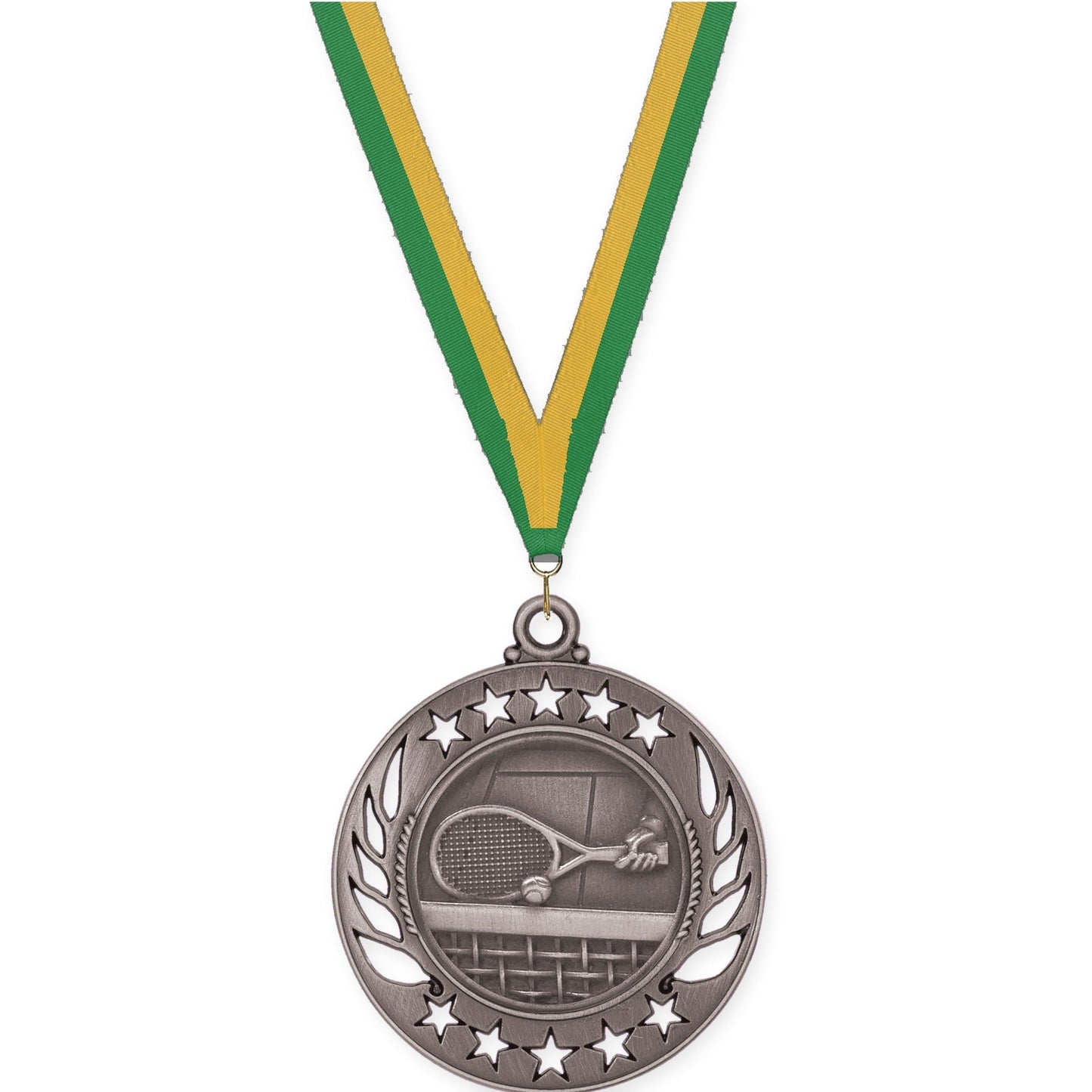 2 1/4 inch tennis Galaxy medal in antique silver with Green Gold neck ribbon