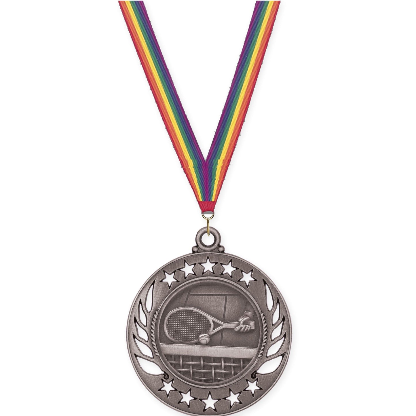 2 1/4 inch tennis Galaxy medal in antique silver with Rainbow neck ribbon