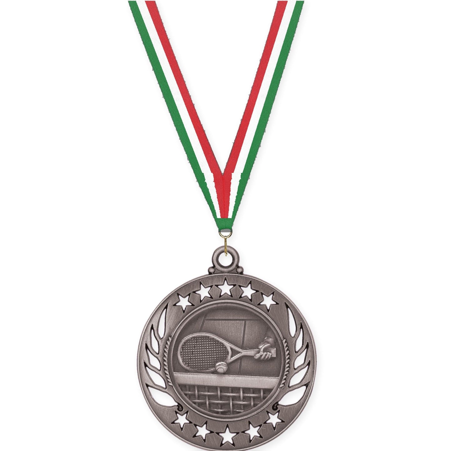 2 1/4 inch tennis Galaxy medal in antique silver with Green White Red neck ribbon