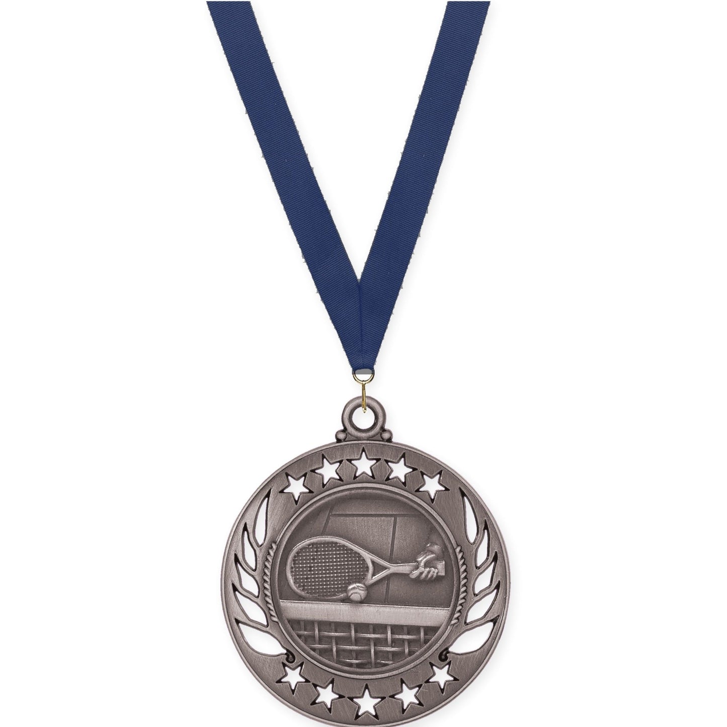 2 1/4 inch tennis Galaxy medal in antique silver with Navy neck ribbon