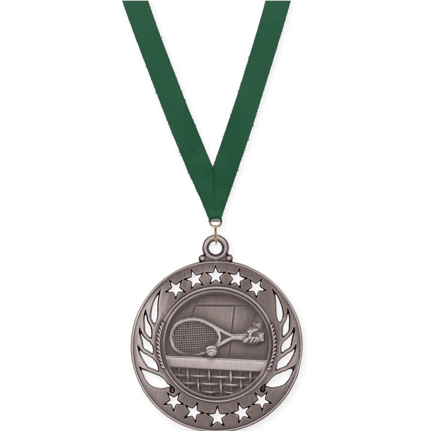 2 1/4 inch tennis Galaxy medal in antique silver with Hunter Green neck ribbon