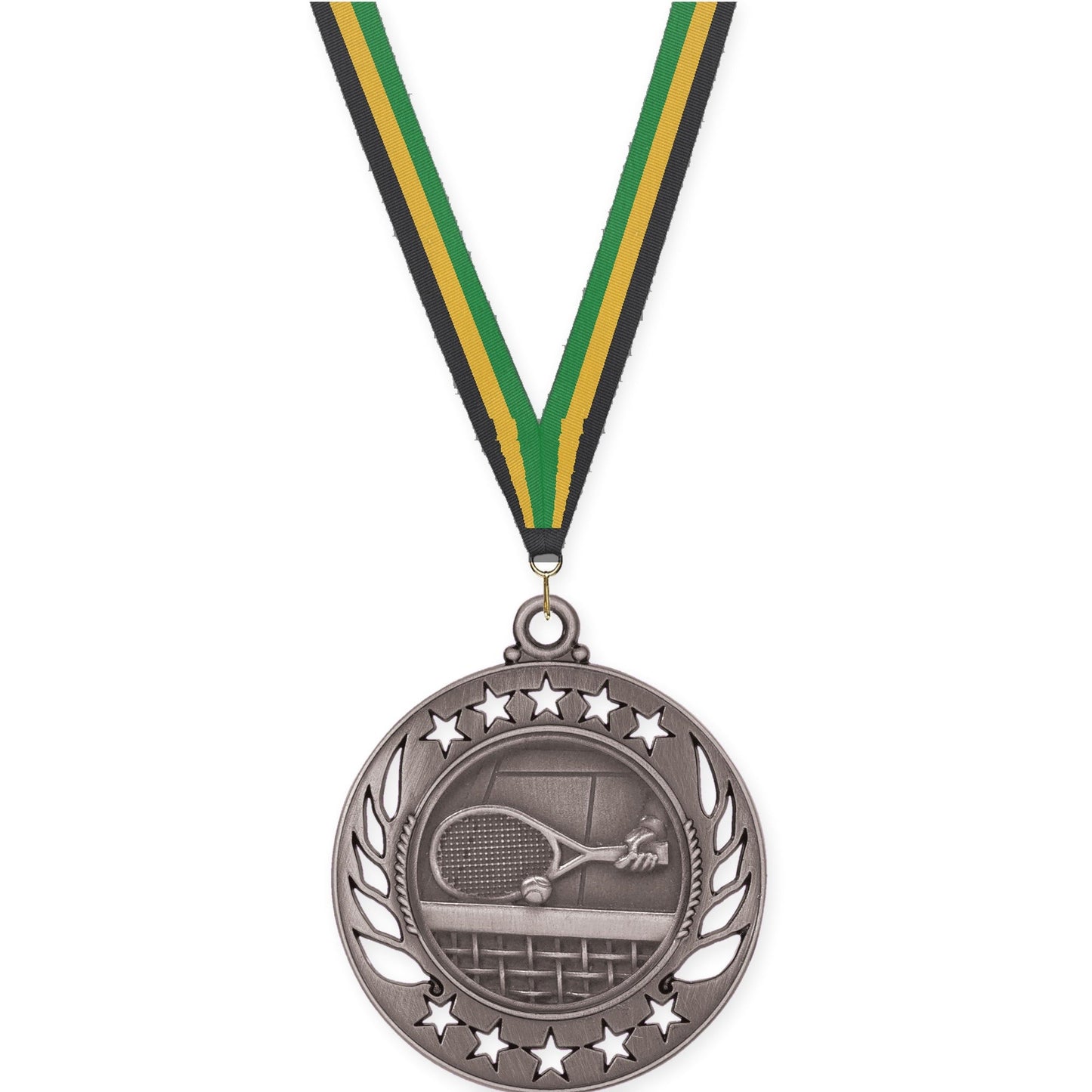 2 1/4 inch tennis Galaxy medal in antique silver with Black Gold Green neck ribbon