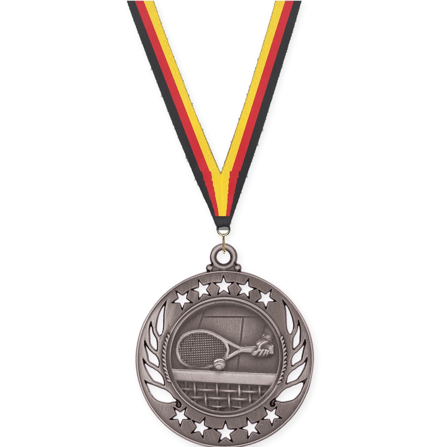 2 1/4 inch tennis Galaxy medal in antique silver with Black Red Yellow neck ribbon