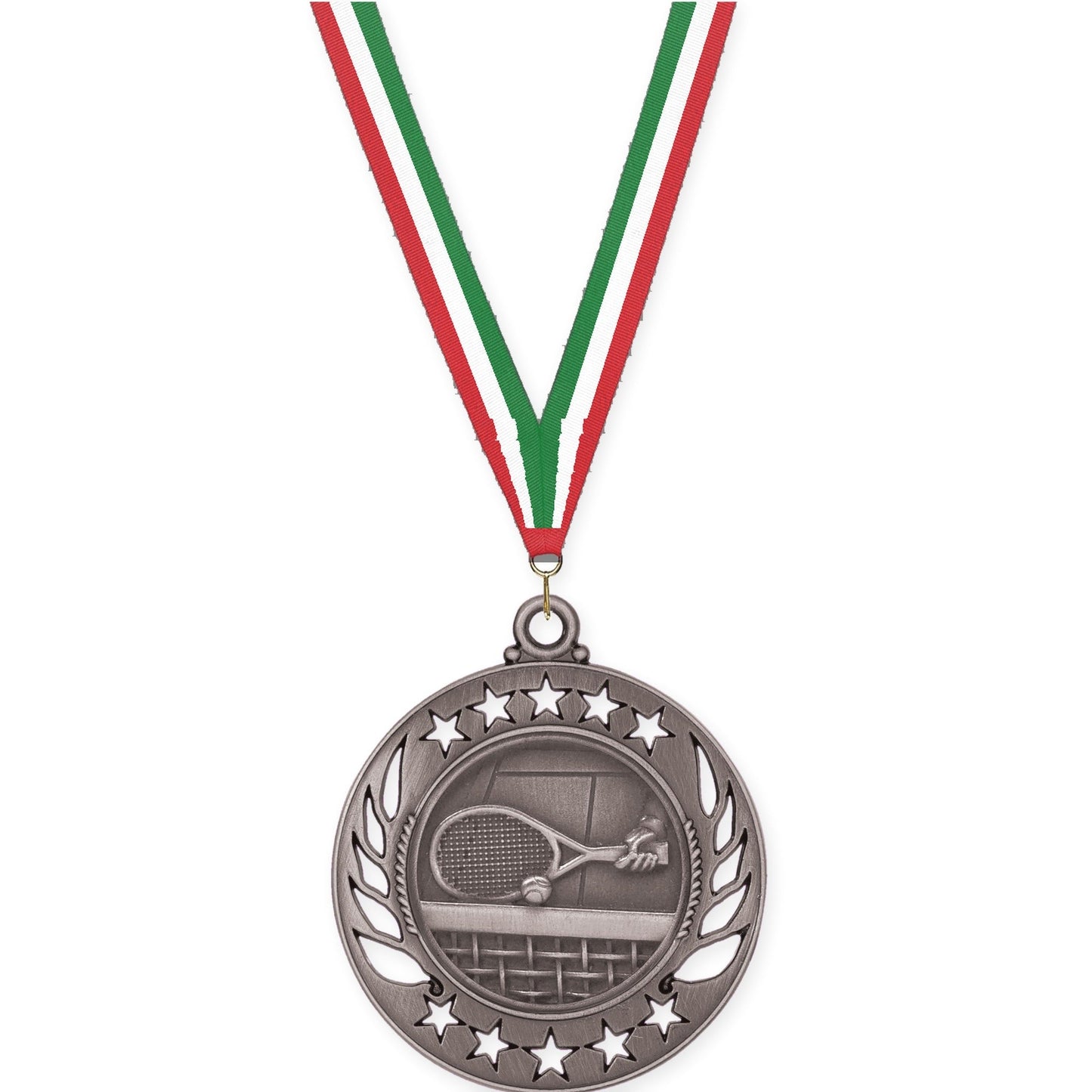 2 1/4 inch tennis Galaxy medal in antique silver with Red White Green neck ribbon