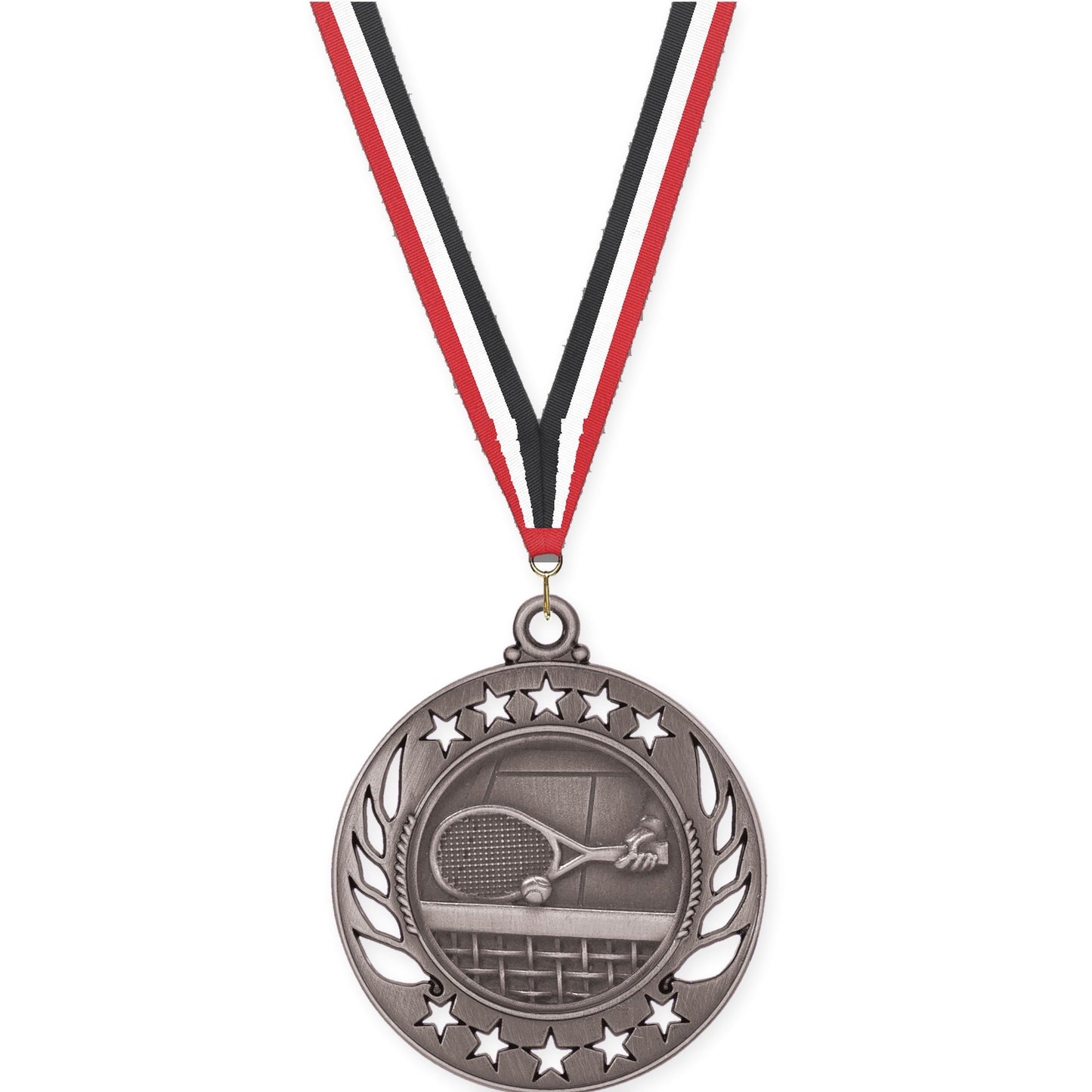 2 1/4 inch tennis Galaxy medal in antique silver with Red White Black neck ribbon