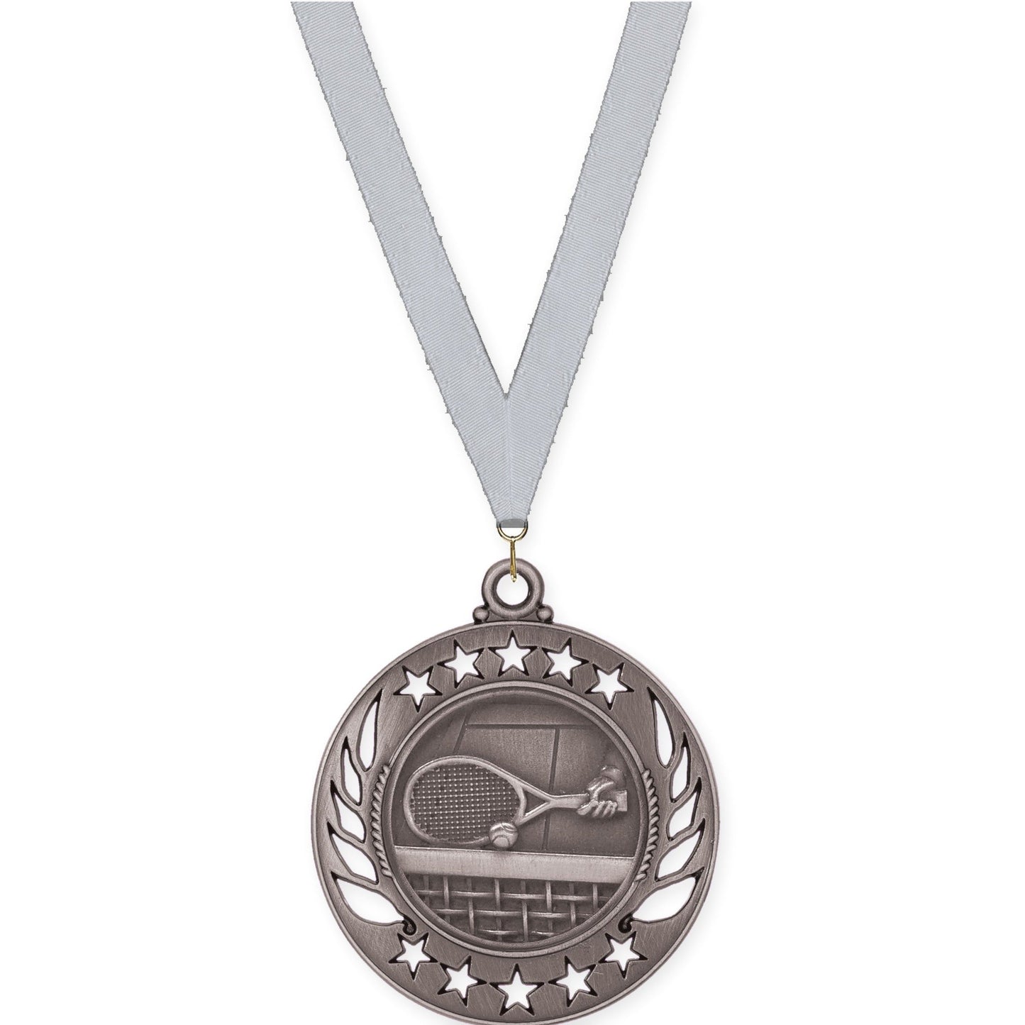 2 1/4 inch tennis Galaxy medal in antique silver with Silver Metallic neck ribbon