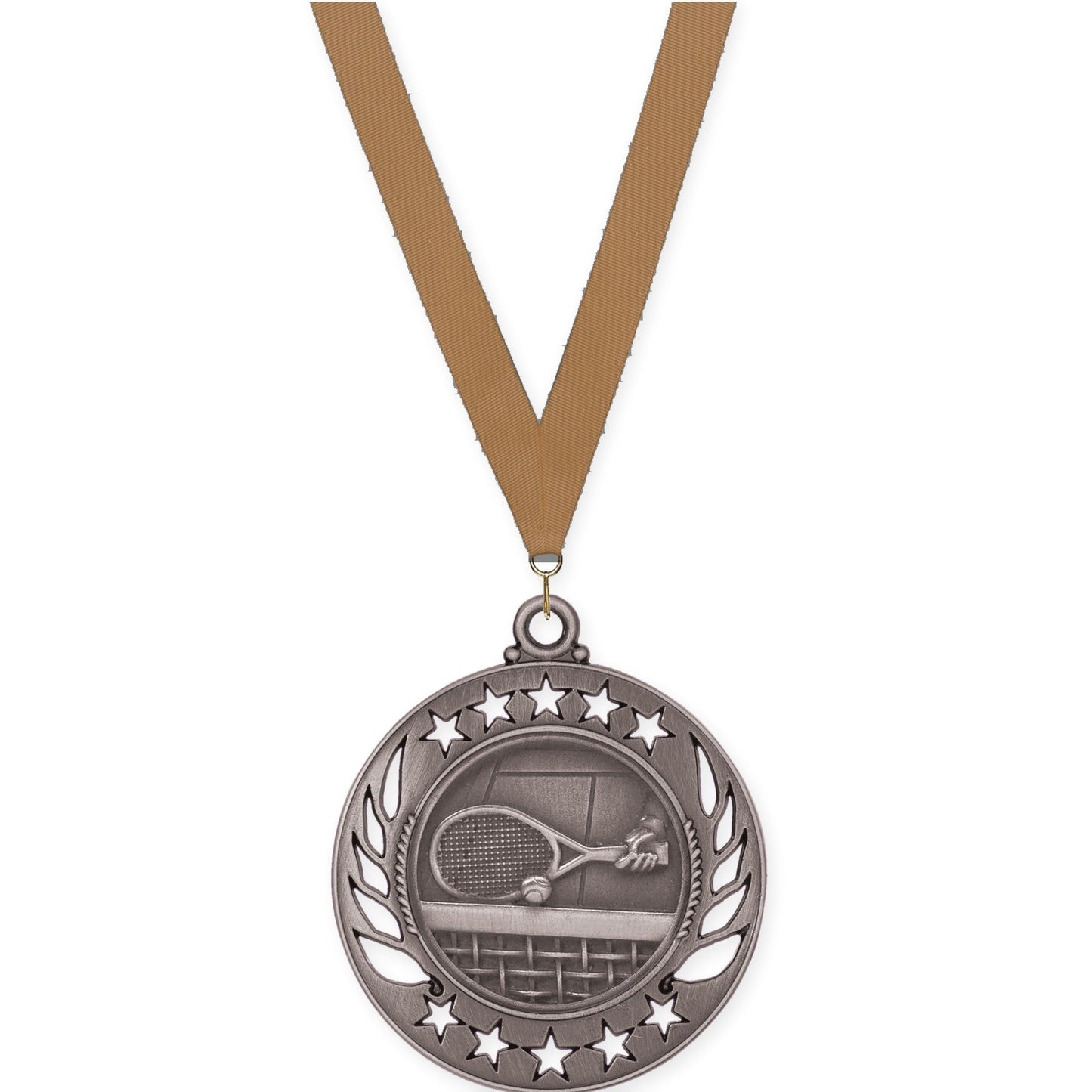 2 1/4 inch tennis Galaxy medal in antique silver with Bronze Metallic neck ribbon