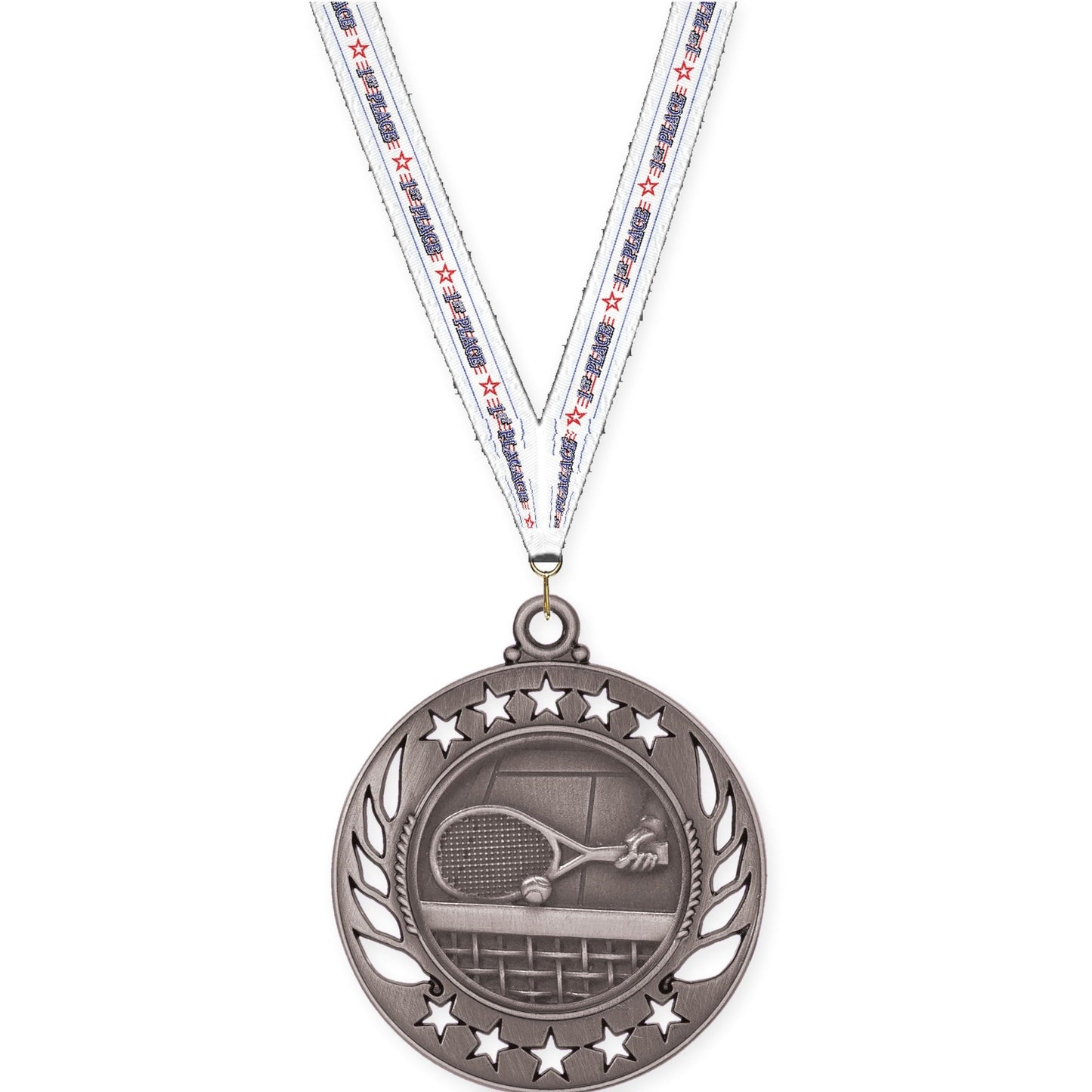 2 1/4 inch tennis Galaxy medal in antique silver with 1st Place neck ribbon