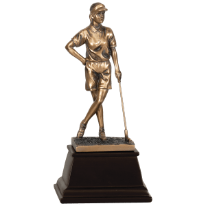 Female bronze golf resin trophy featuring a golfer figure finishing a swing on a column base