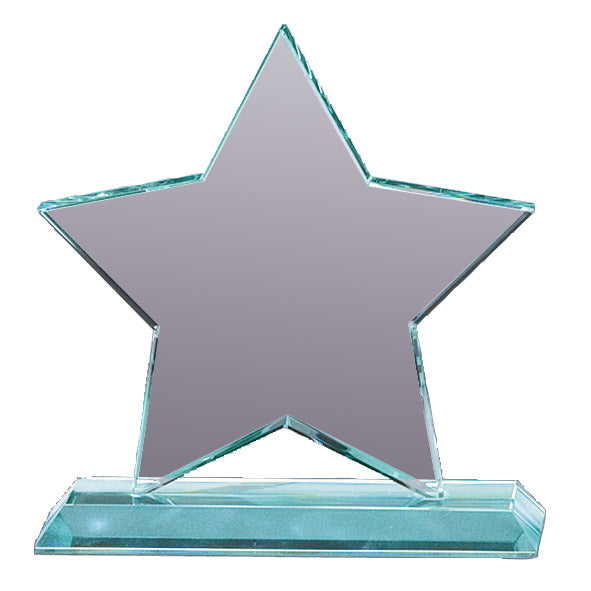 Star-shaped glass award with a gray center on a white background