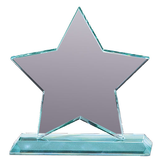 Star-shaped glass award with a gray center on a white background