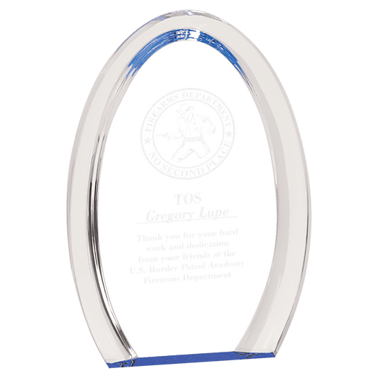 Blue Oval Halo Acrylic award, 7", self-standing acrylic with clear engraving area