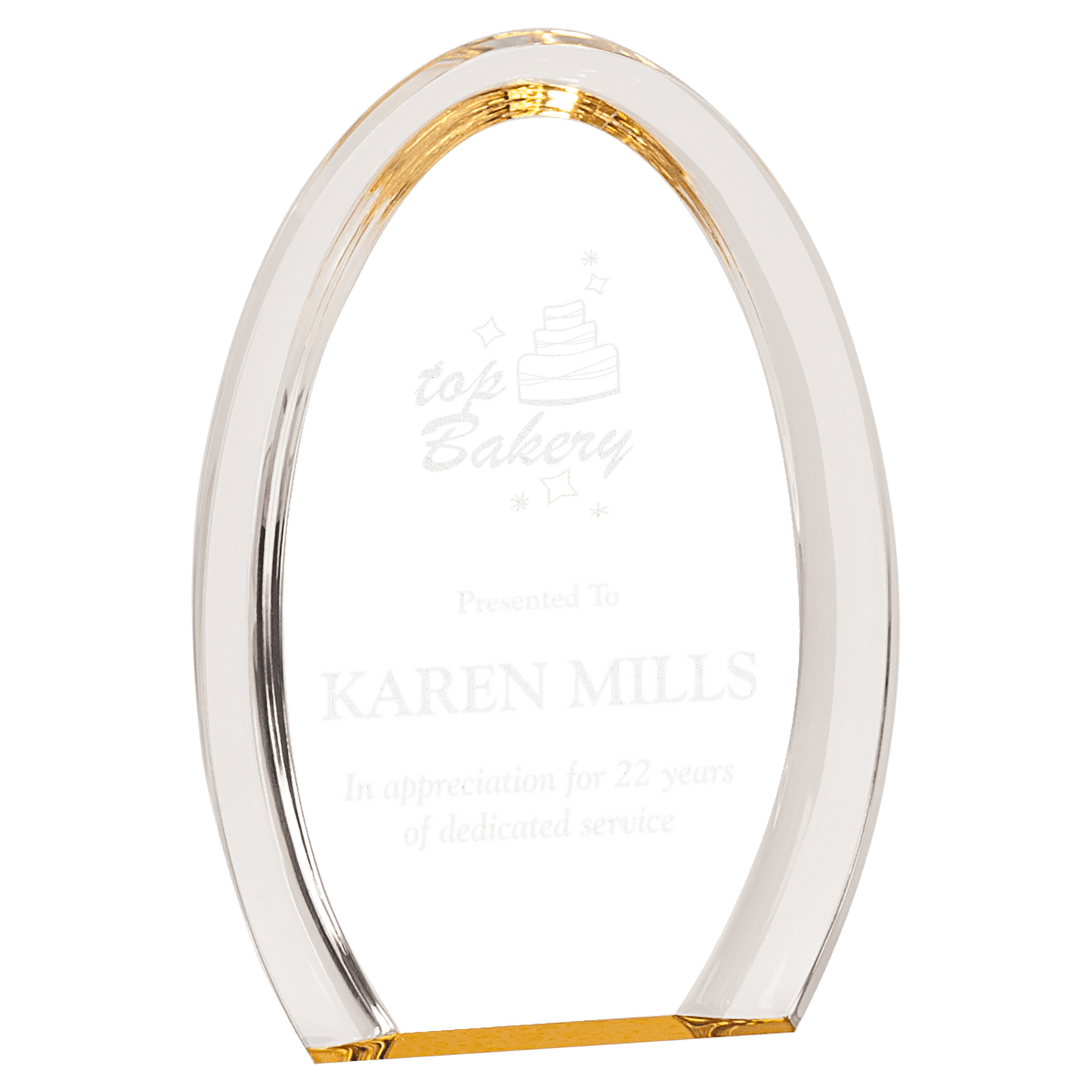 Gold Oval Halo Acrylic award, 7", self-standing acrylic with clear engraving area