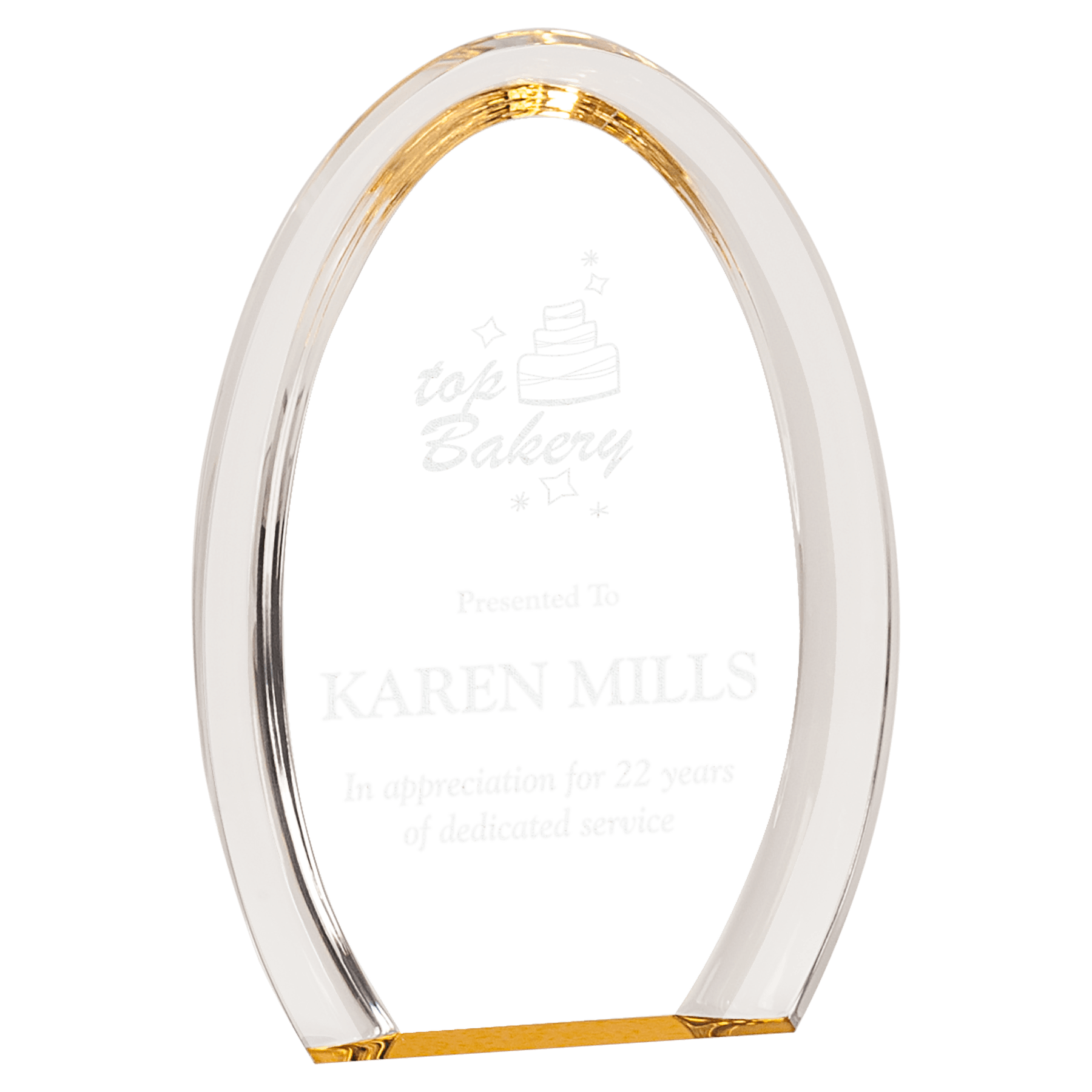 Gold Oval Halo Acrylic award, 7", self-standing acrylic with clear engraving area