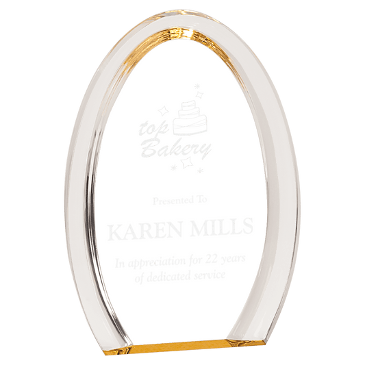 Gold Oval Halo Acrylic award, 7", self-standing acrylic with clear engraving area