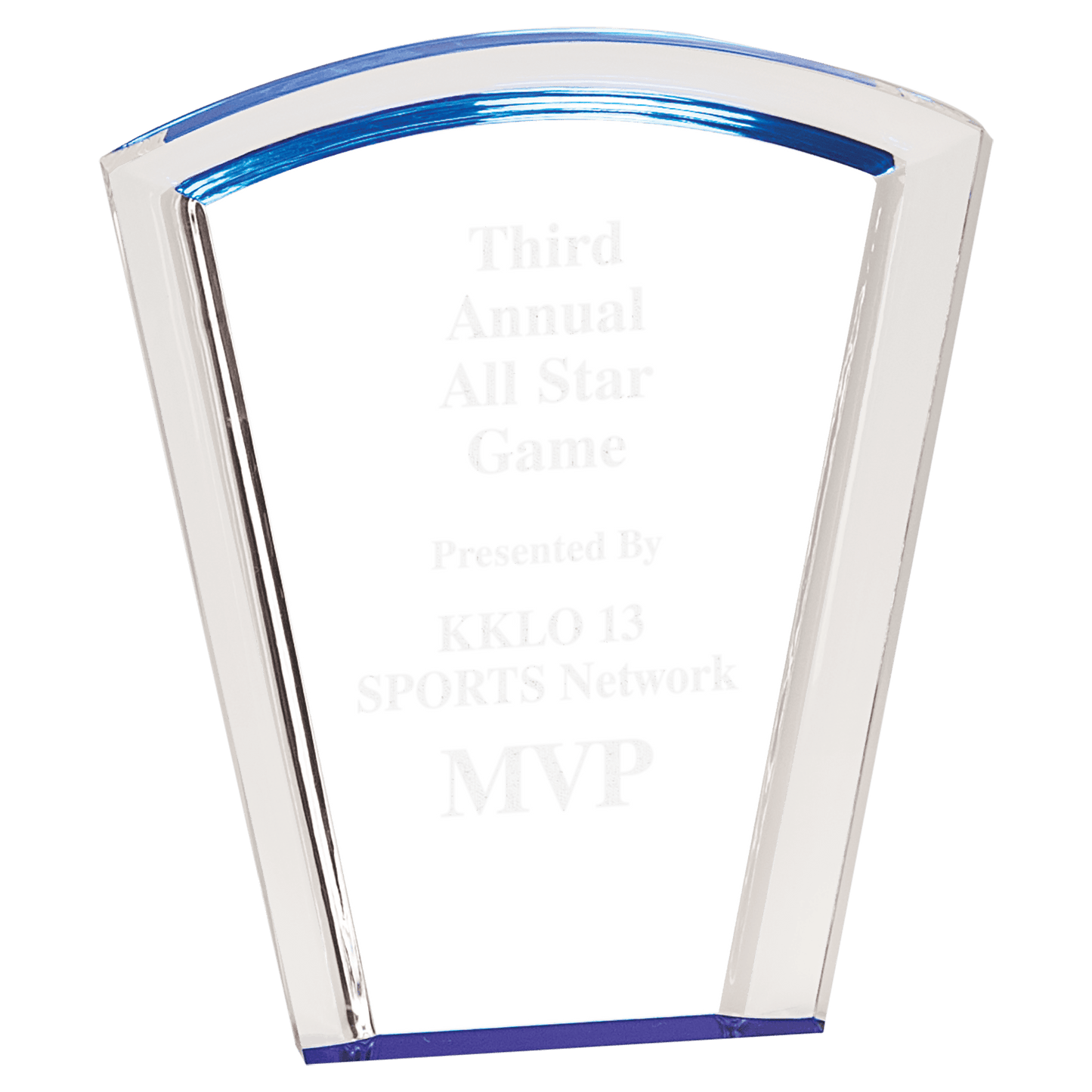 Blue Fan Halo Acrylic award, 7", self-standing acrylic with clear engraving area