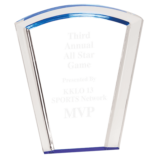 Blue Fan Halo Acrylic award, 7", self-standing acrylic with clear engraving area