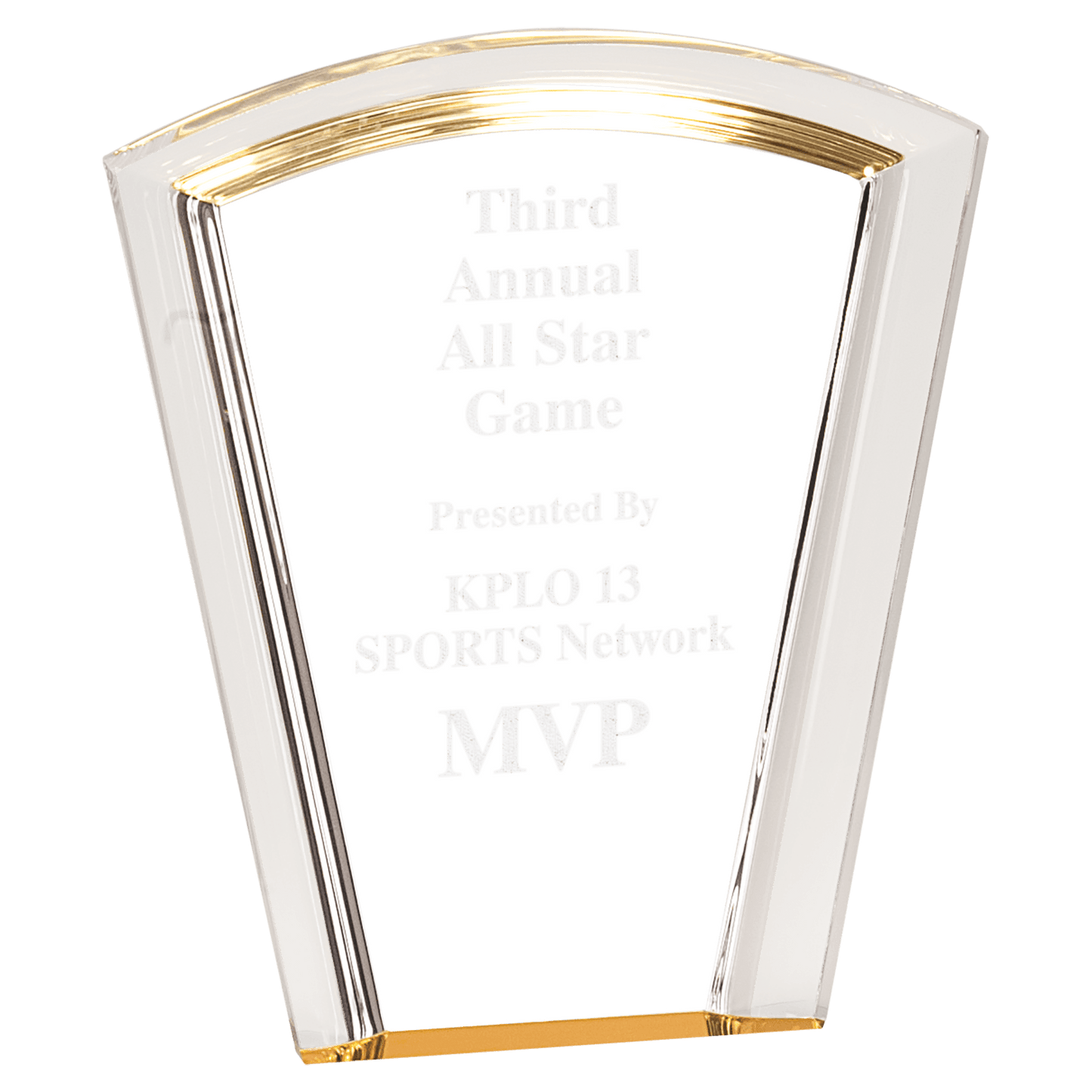 Gold Fan Halo Acrylic award, 7", self-standing acrylic with clear engraving area