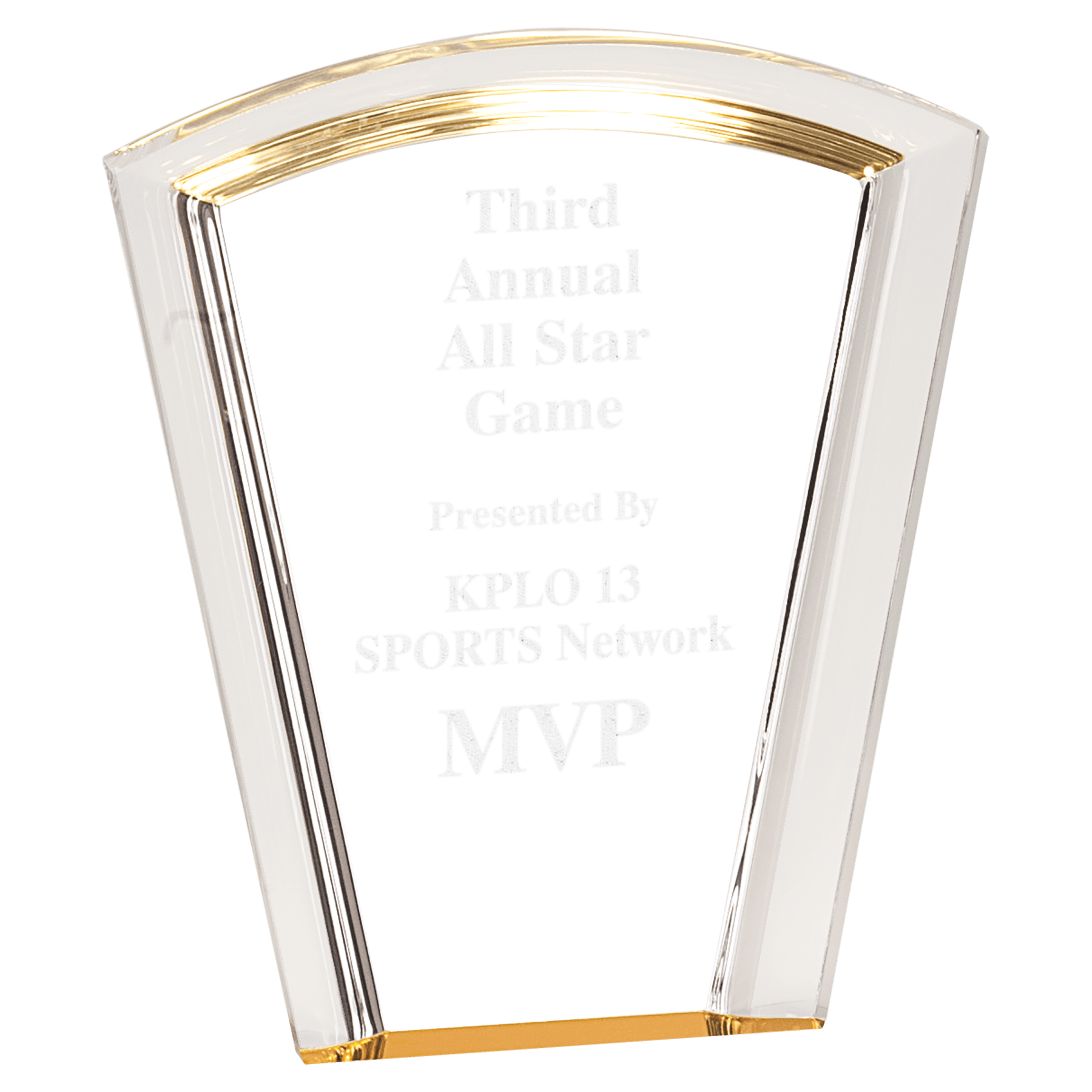 Gold Fan Halo Acrylic award, 7", self-standing acrylic with clear engraving area