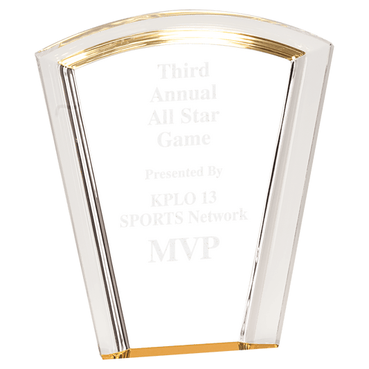 Gold Fan Halo Acrylic award, 7", self-standing acrylic with clear engraving area