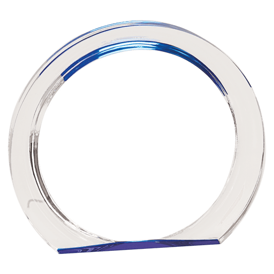 Blue Round Halo Acrylic award, 5 3/8", self-standing acrylic with clear engraving area