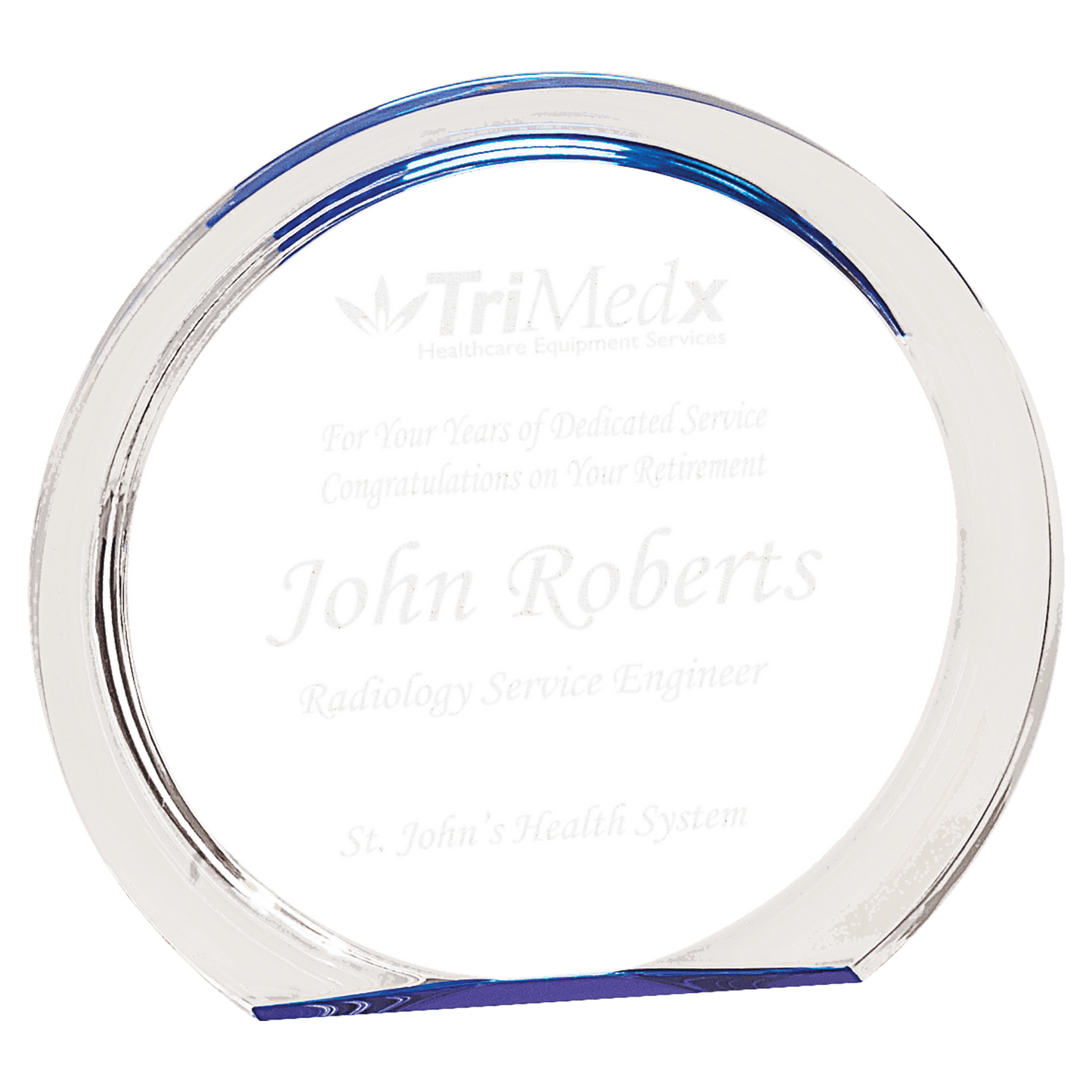Blue Round Halo Acrylic award, 6 3/8", self-standing acrylic with clear engraving area