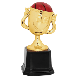 Basketball Happy Cup resin trophy with a cheerful, kid-friendly cup design
