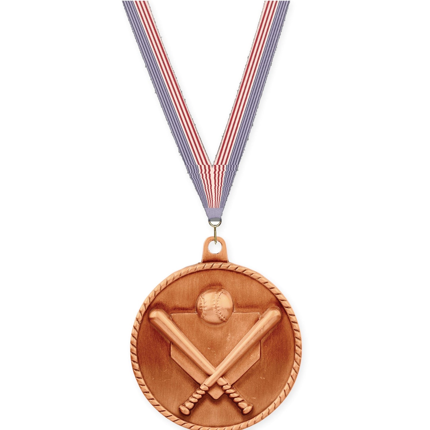 2 inch baseball and softball High Relief medal in antique bronze with USA Flag neck ribbon