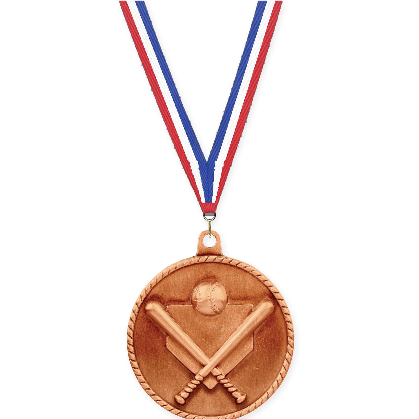 2 inch baseball and softball High Relief medal in antique bronze with Red White Blue neck ribbon