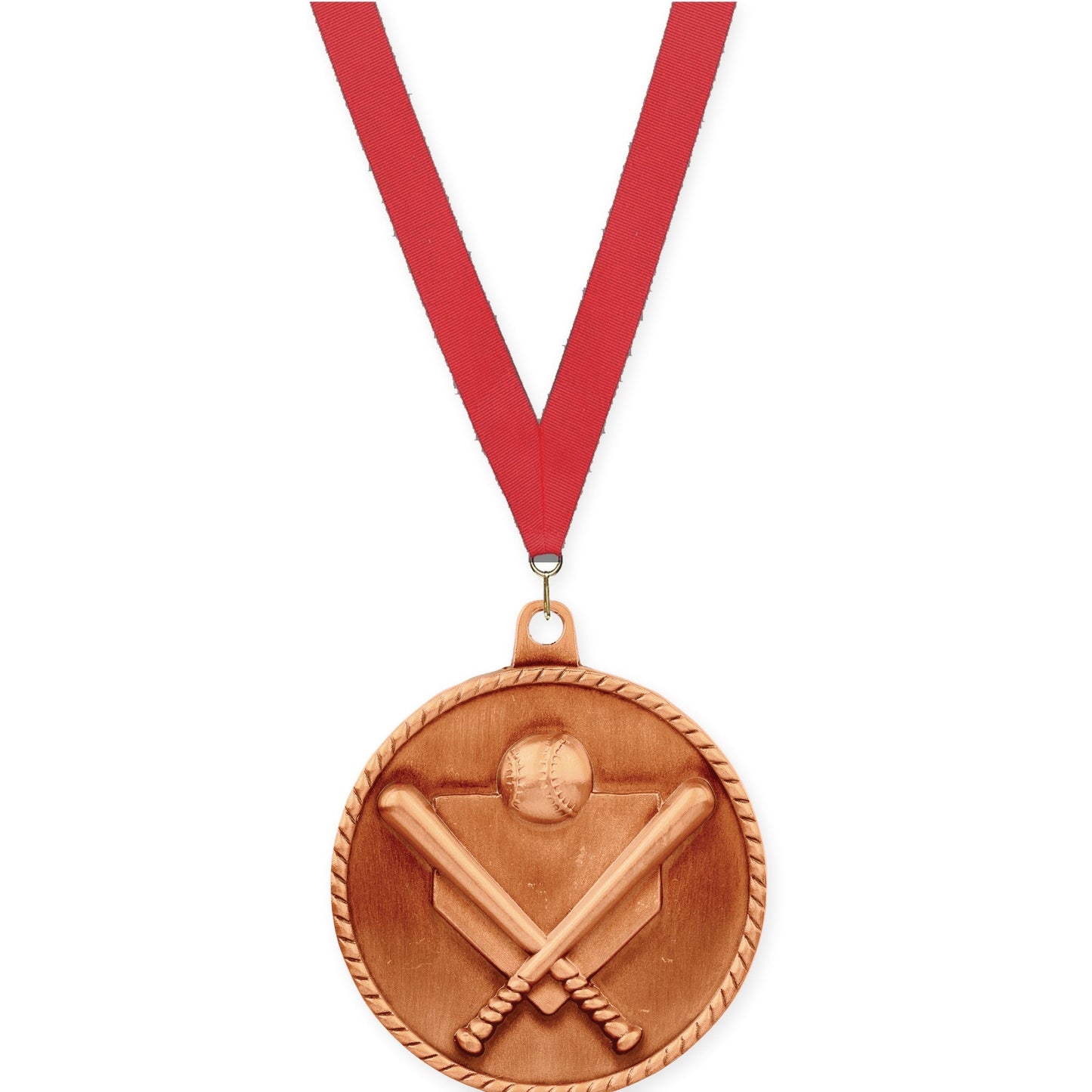 2 inch baseball and softball High Relief medal in antique bronze with Red neck ribbon