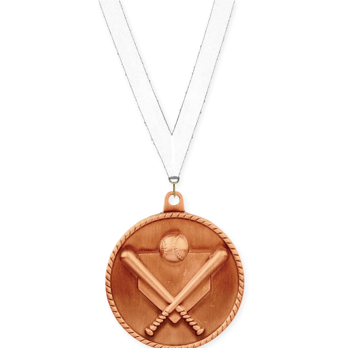 2 inch baseball and softball High Relief medal in antique bronze with White neck ribbon