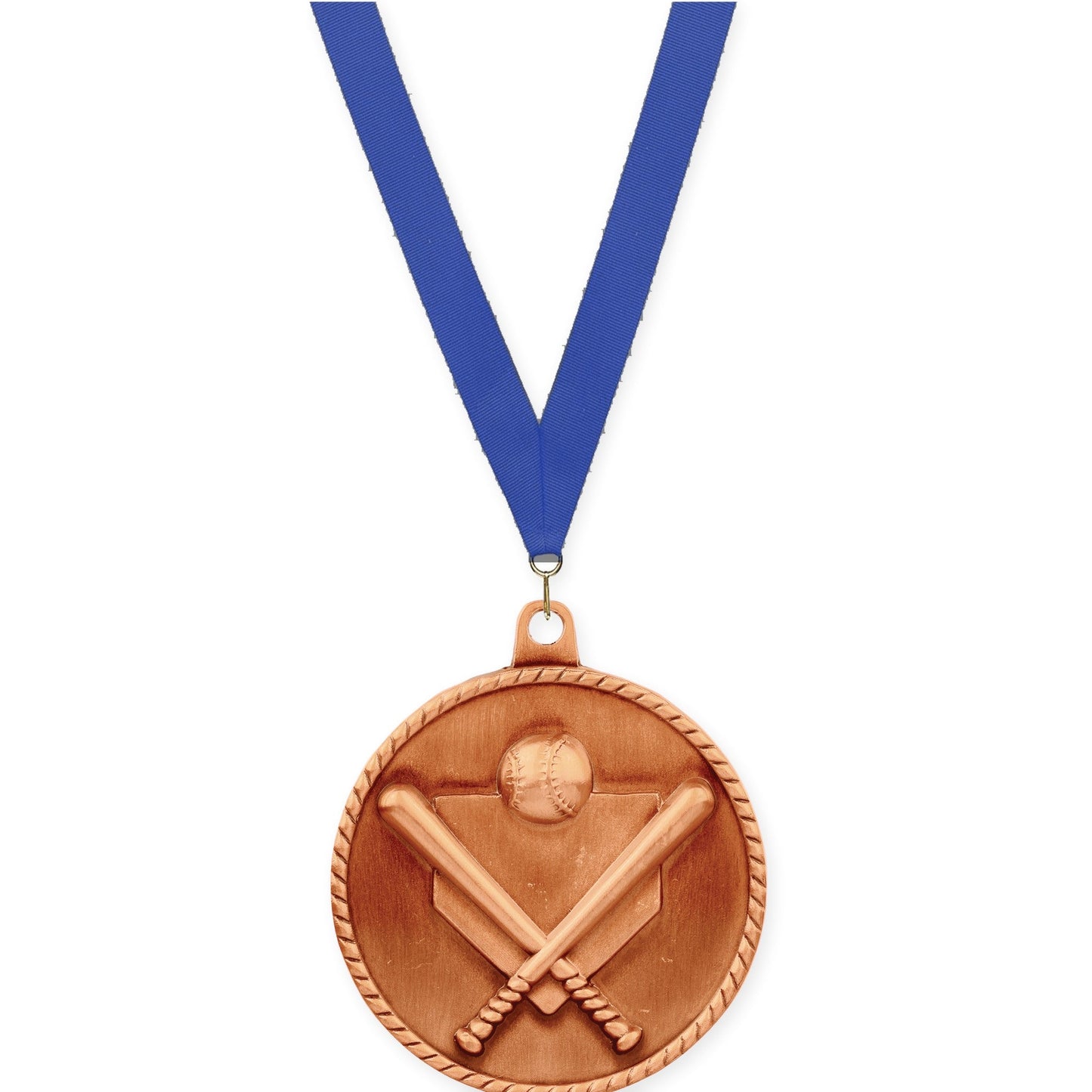 2 inch baseball and softball High Relief medal in antique bronze with Blue neck ribbon