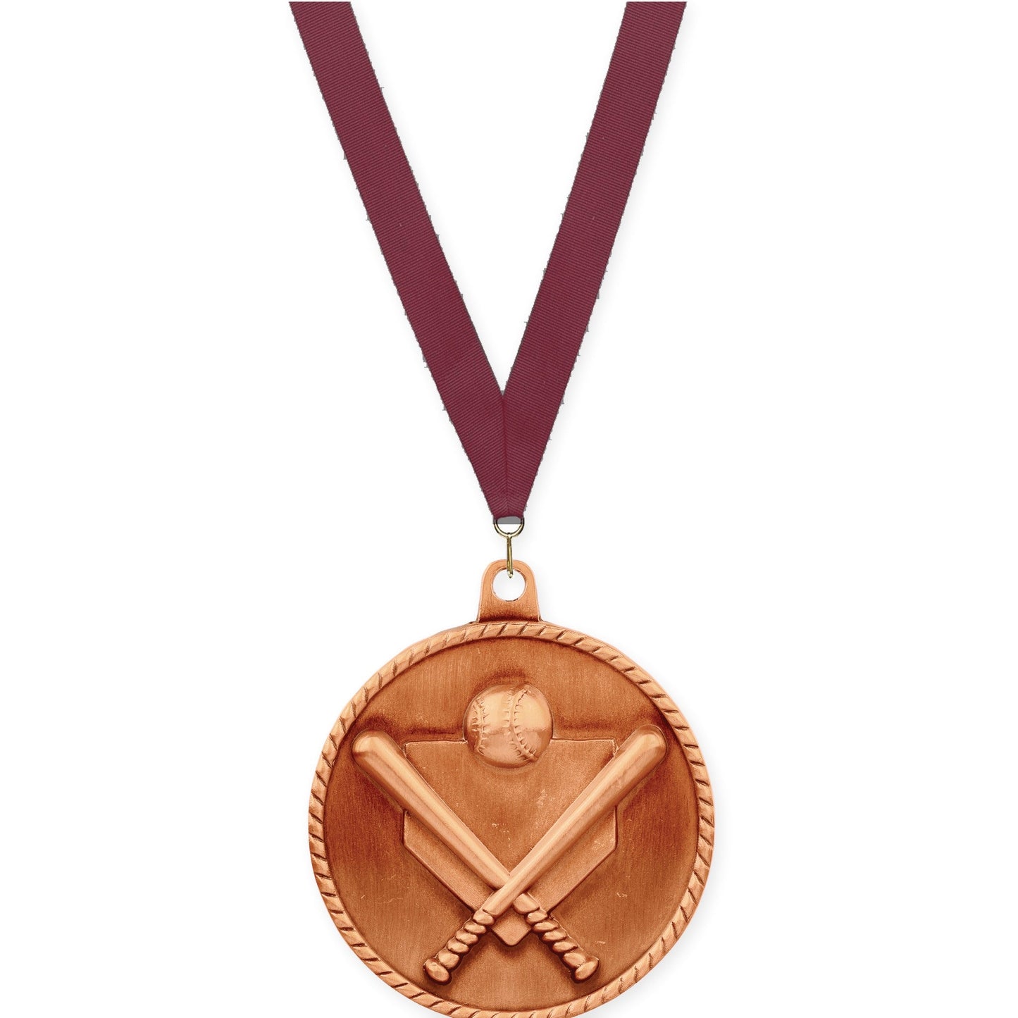 2 inch baseball and softball High Relief medal in antique bronze with Maroon neck ribbon