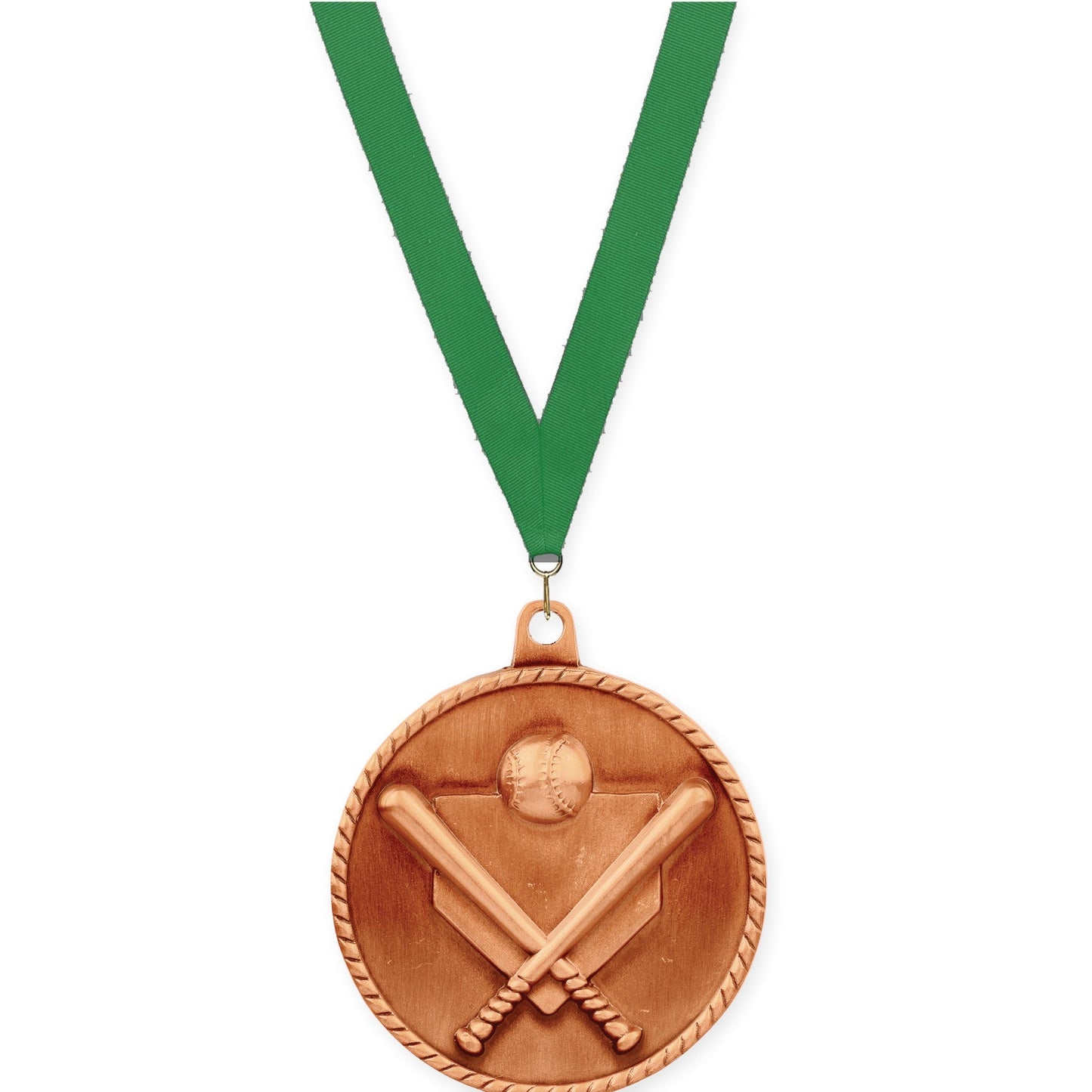 2 inch baseball and softball High Relief medal in antique bronze with Green neck ribbon