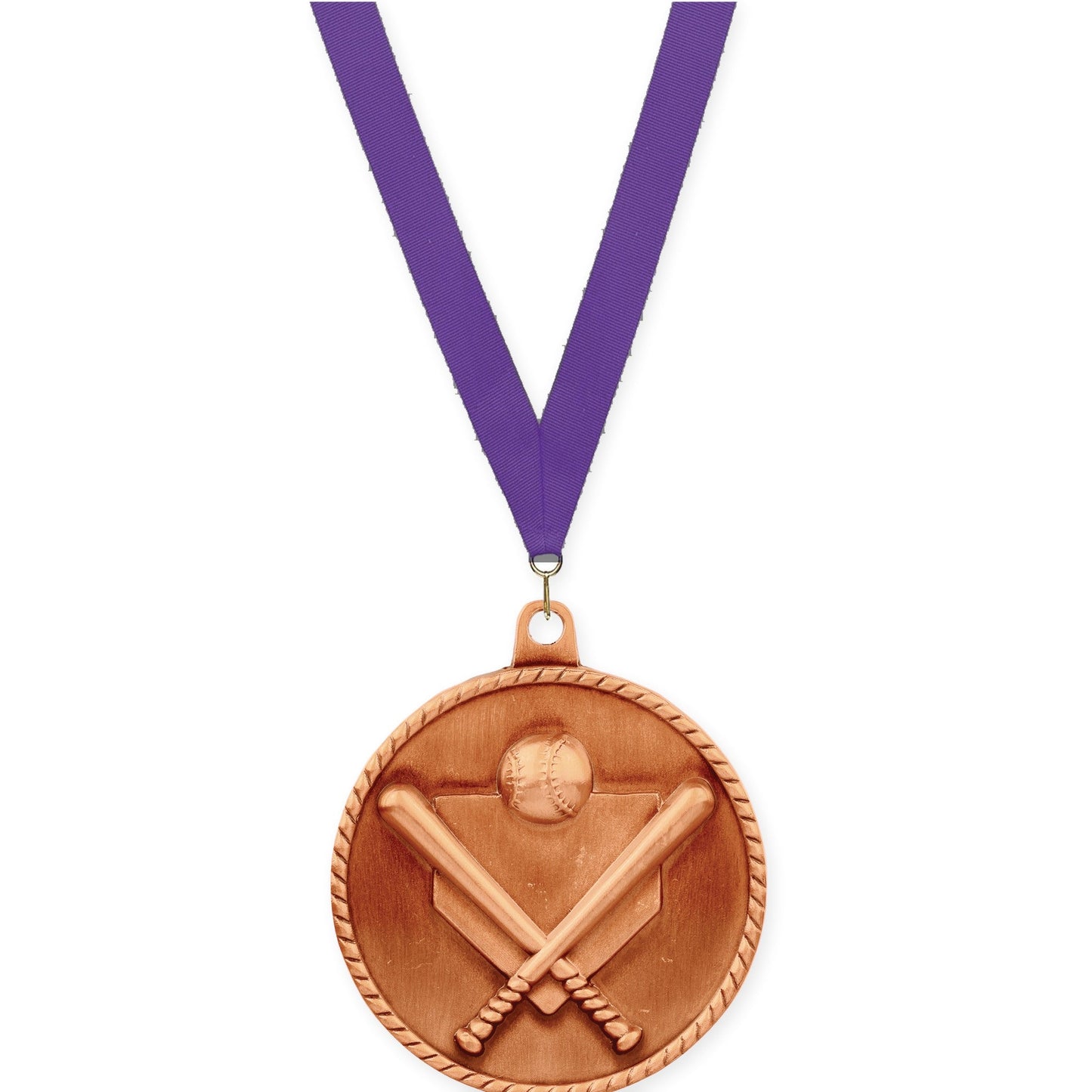 2 inch baseball and softball High Relief medal in antique bronze with Purple neck ribbon