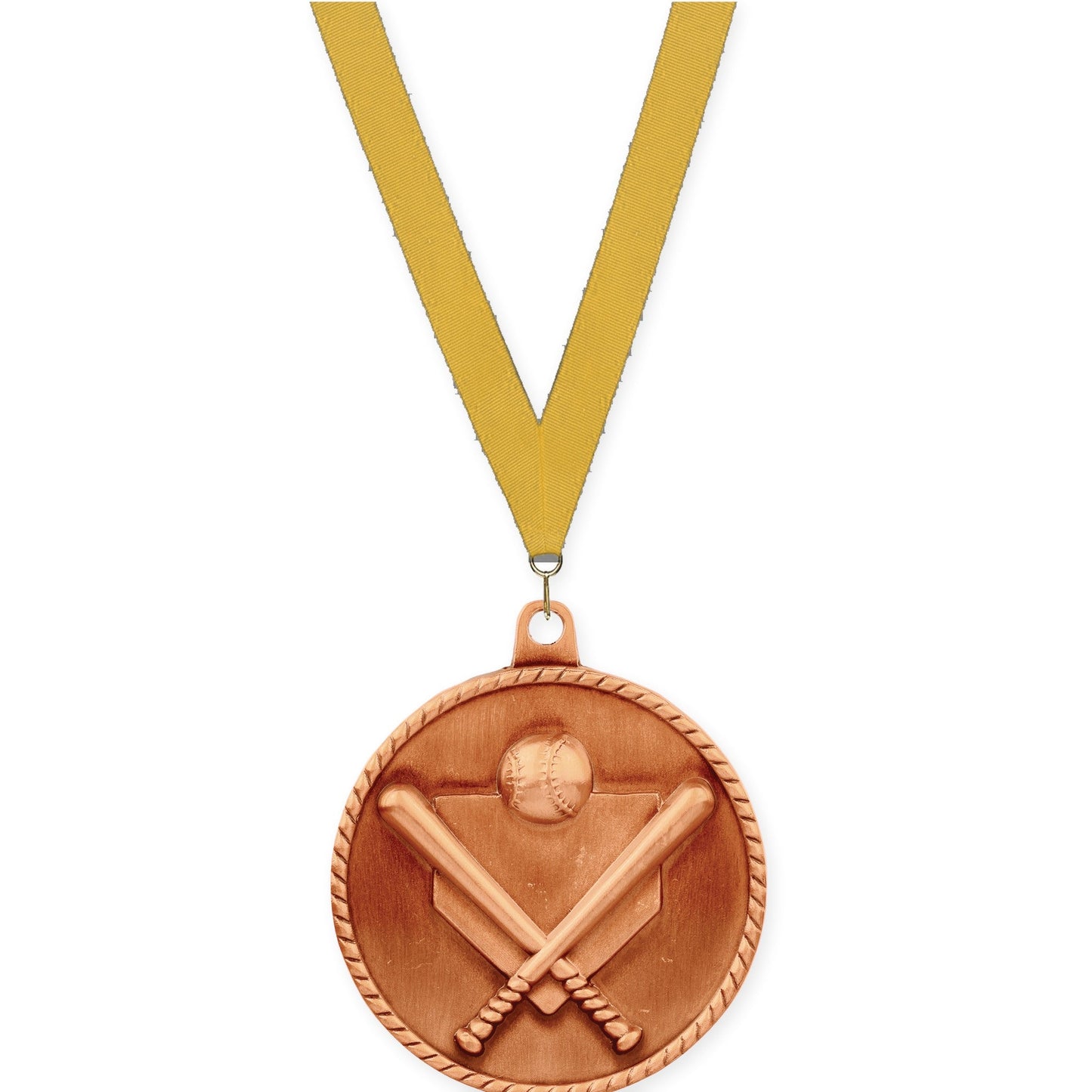 2 inch baseball and softball High Relief medal in antique bronze with Gold neck ribbon