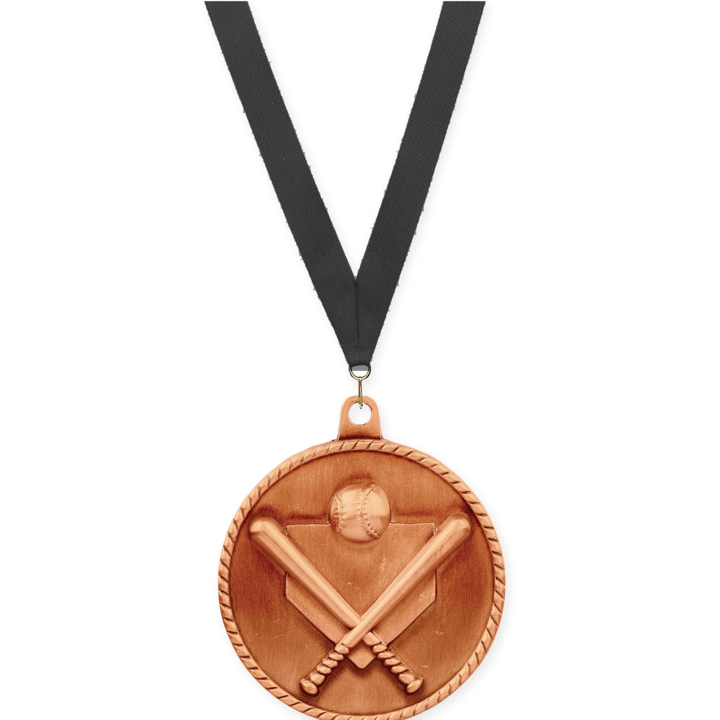 2 inch baseball and softball High Relief medal in antique bronze with Black neck ribbon