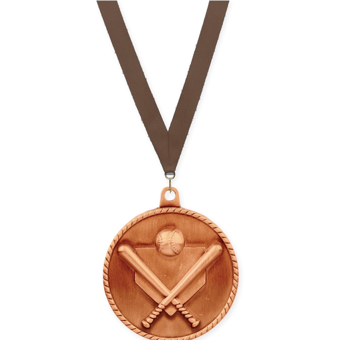 2 inch baseball and softball High Relief medal in antique bronze with Brown neck ribbon