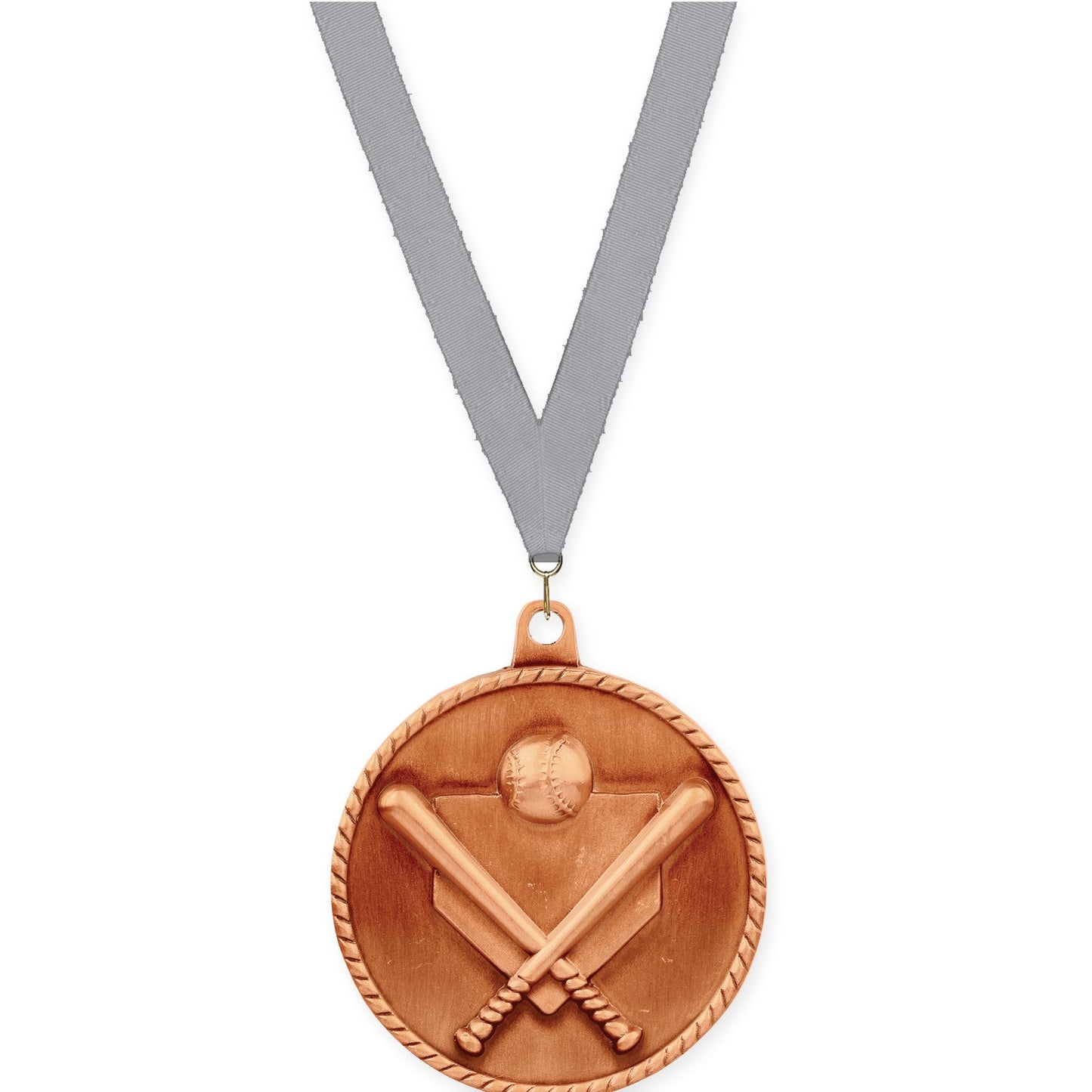 2 inch baseball and softball High Relief medal in antique bronze with Gray neck ribbon