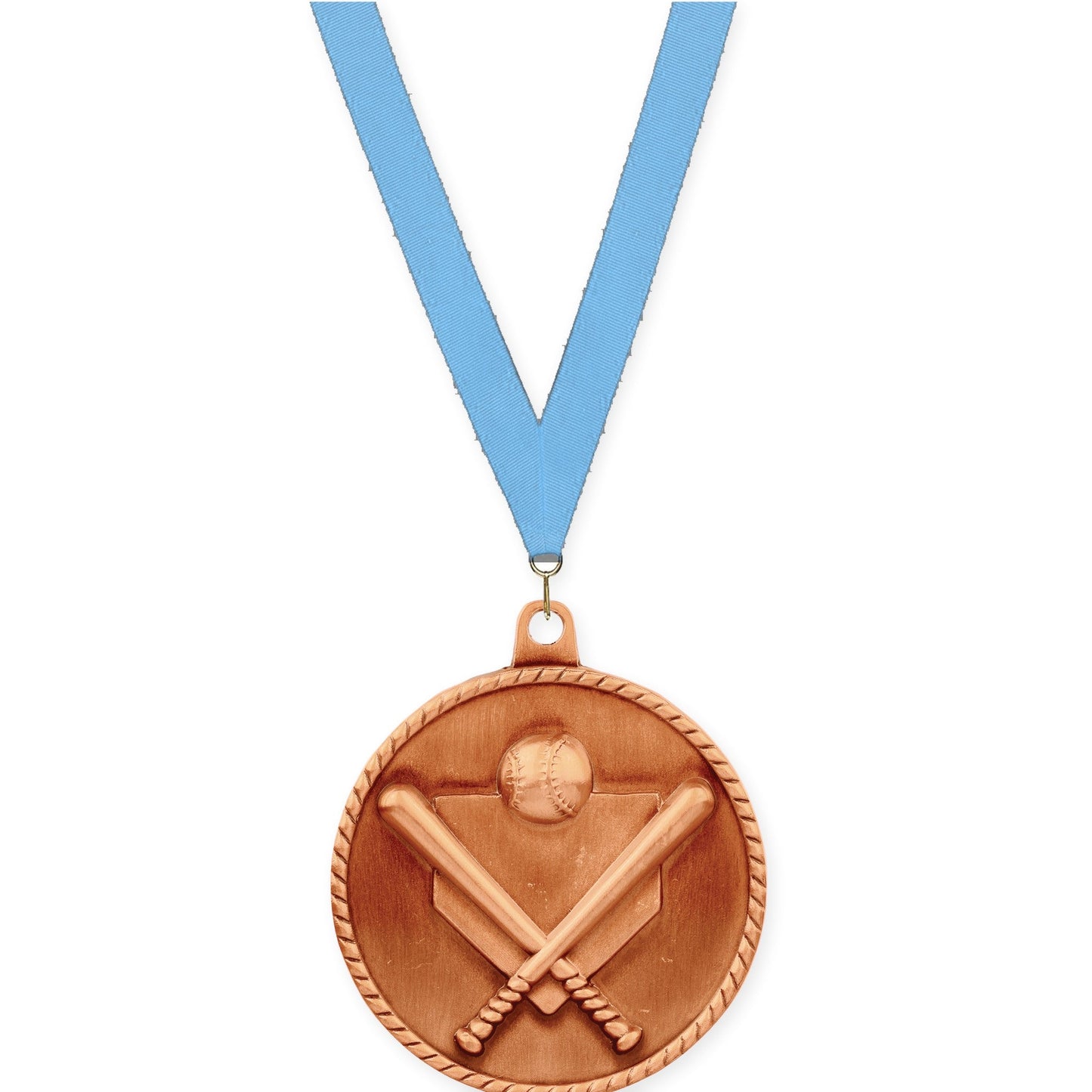 2 inch baseball and softball High Relief medal in antique bronze with Light Blue neck ribbon