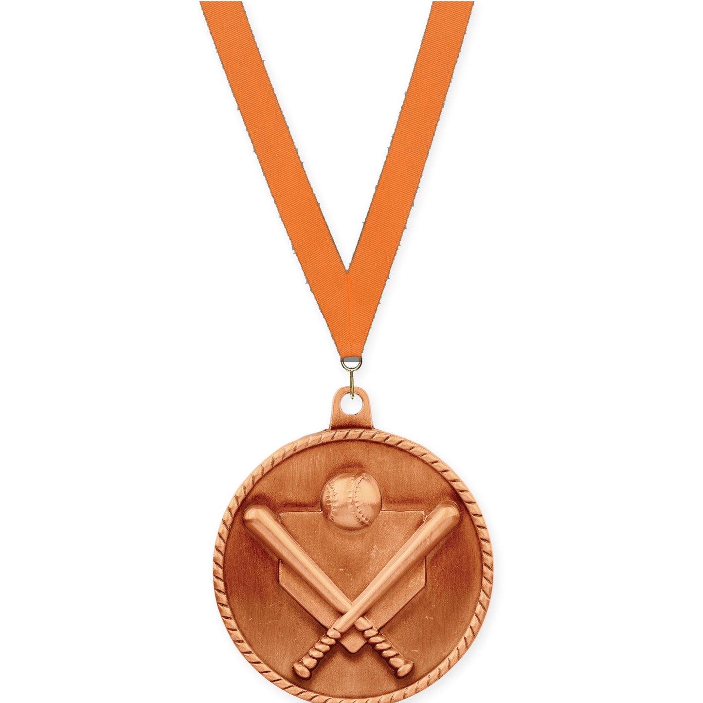 2 inch baseball and softball High Relief medal in antique bronze with Orange neck ribbon